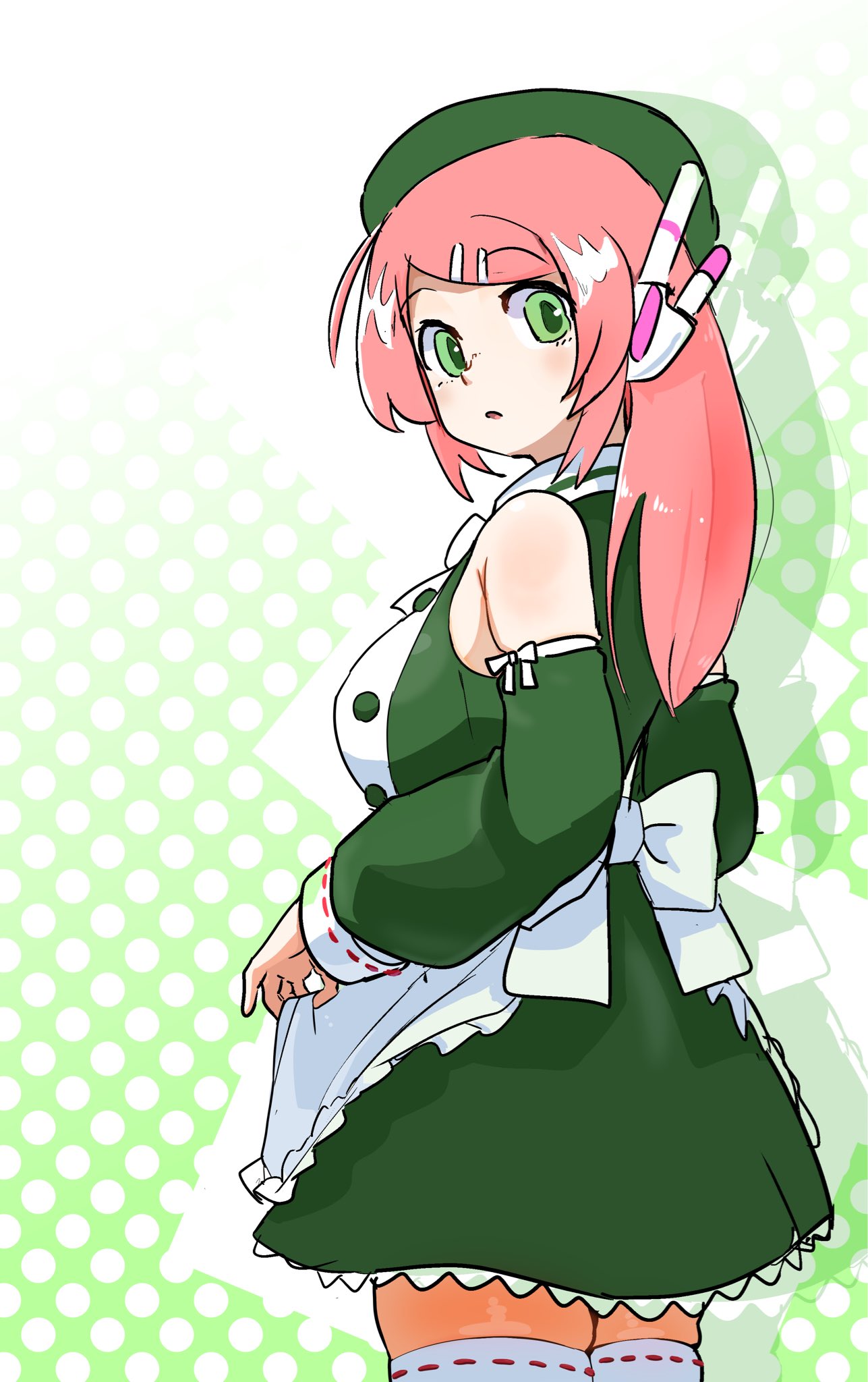 saruyama ushirou, momone momo, utau, highres, 1girl, apron, beret, green eyes, hat, maid, pink hair, polka dot, polka dot background, robot ears, thighhighs, white thighhighs