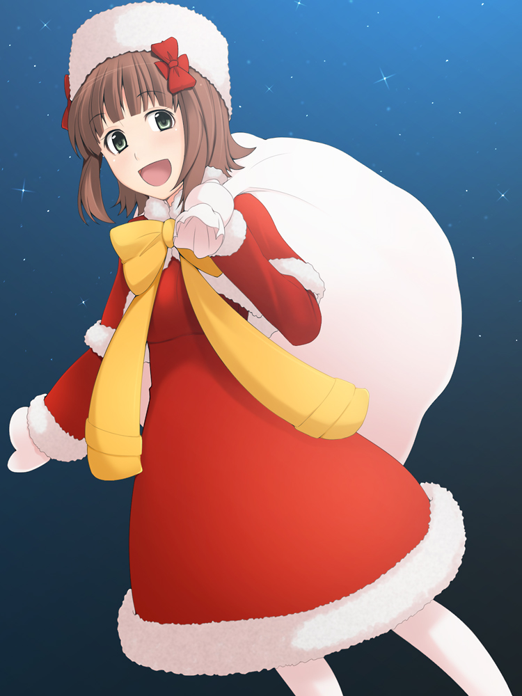 kazuto san, amami haruka, idolmaster, idolmaster (classic), bad id, bad pixiv id, 00s, 1girl, blush, brown hair, christmas, female focus, fur hat, green eyes, happy, hat, night, pantyhose, santa costume, short hair, solo, star (symbol), white pantyhose