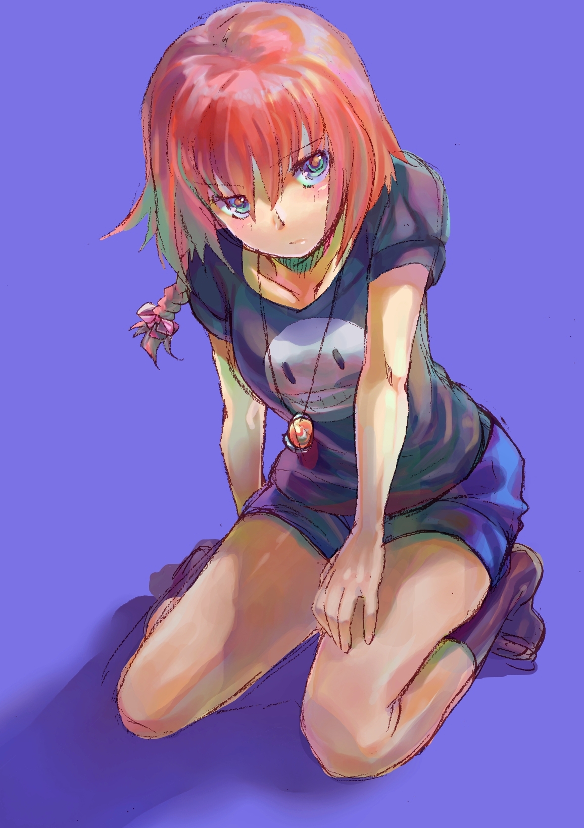 shounibyou (shonibyodayo), suou pavlichenko, darker than black, highres, 00s, 1girl, blue eyes, braid, female focus, kneeling, long hair, red hair, shorts, socks, solo