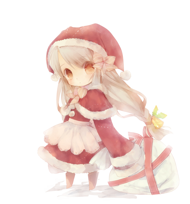 icc, bad id, bad pixiv id, 1girl, brown eyes, brown hair, chibi, female focus, giftbag, hat, long hair, oversized clothes, sack, santa costume, santa hat, solo