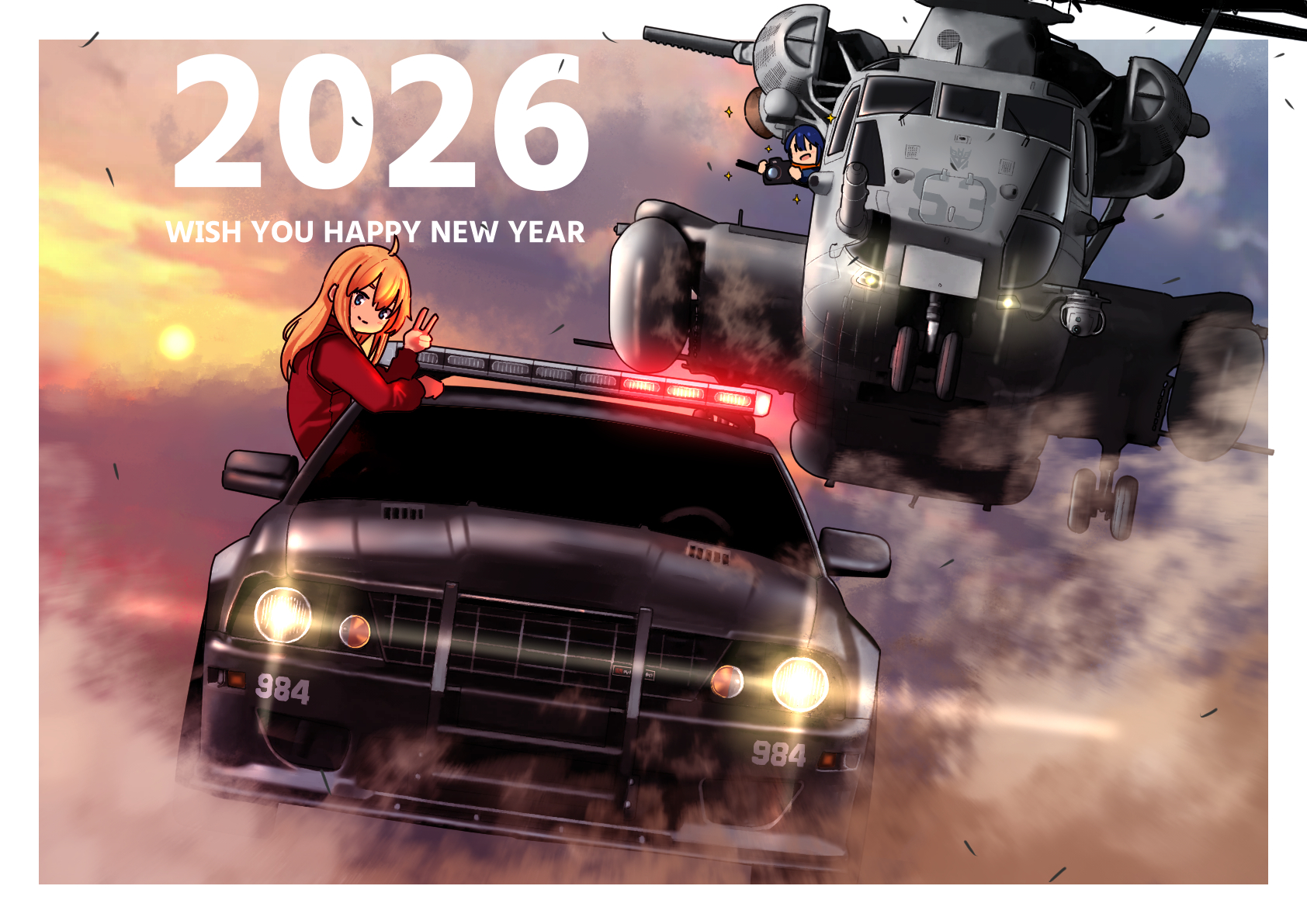 timmyyen, ford mustang, original, commentary request, highres, partial commentary, 2026, 2girls, aircraft, blonde hair, blue eyes, camera, car, ch-53, driving, english text, happy new year, helicopter, holding, holding camera, jacket, long hair, long sleeves, motor vehicle, multiple girls, new year, police car, red jacket, sparkle, taking picture, v