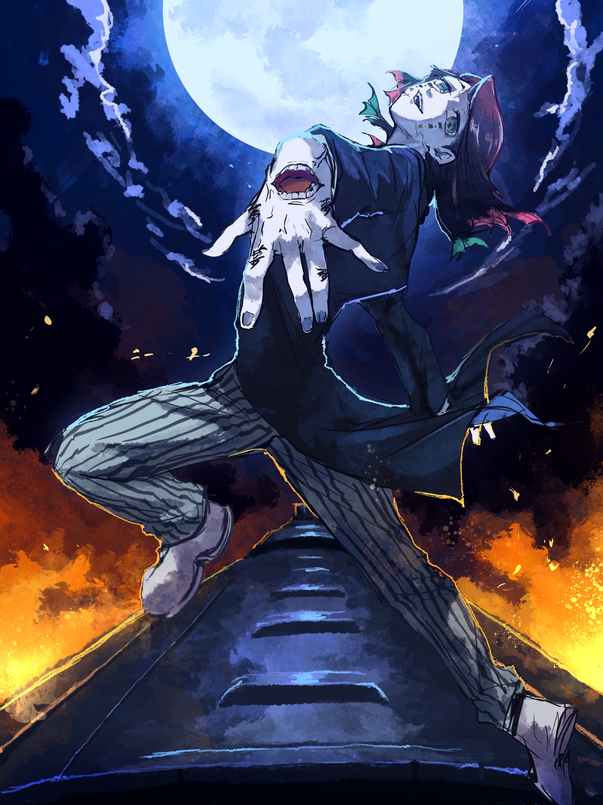 ukai (negi wolf), enmu (kimetsu no yaiba), kimetsu no yaiba, absurdres, commentary request, highres, 1boy, aqua eyes, arm at side, asymmetrical bangs, backlighting, black hair, black jacket, blue nails, coattails, colored tips, dynamic pose, embers, facial mark, finger tattoo, fire, floating clothes, floating hair, foreshortening, from side, full moon, grey pants, head back, head tilt, imminent attack, jacket, jumping, kanji tattoo, knee up, long sleeves, looking at viewer, male focus, medium hair, misplaced mouth, moon, multicolored hair, night, open mouth, outdoors, outstretched arm, pale skin, pants, pinstripe pants, pinstripe pattern, reaching, reaching towards viewer, shoes, sky, smile, solo, sway back, symbol-shaped pupils, tailcoat, tattoo, tears facial mark, teeth, train, trap, vanishing point, veins, veiny hands, white shoes