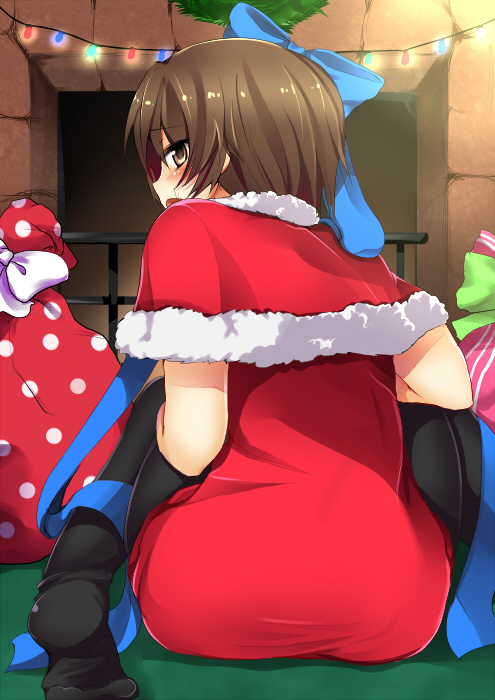 masayu, naoe riki, little busters!, bad id, bad pixiv id, 1boy, ass, ass focus, blush, brown hair, capelet, christmas, crossdressing, crossdressing (mtf), embarrassed, feet, foot focus, from behind, hair ribbon, indoors, looking back, male focus, open mouth, pantyhose, ribbon, santa costume, short hair, solo, trap