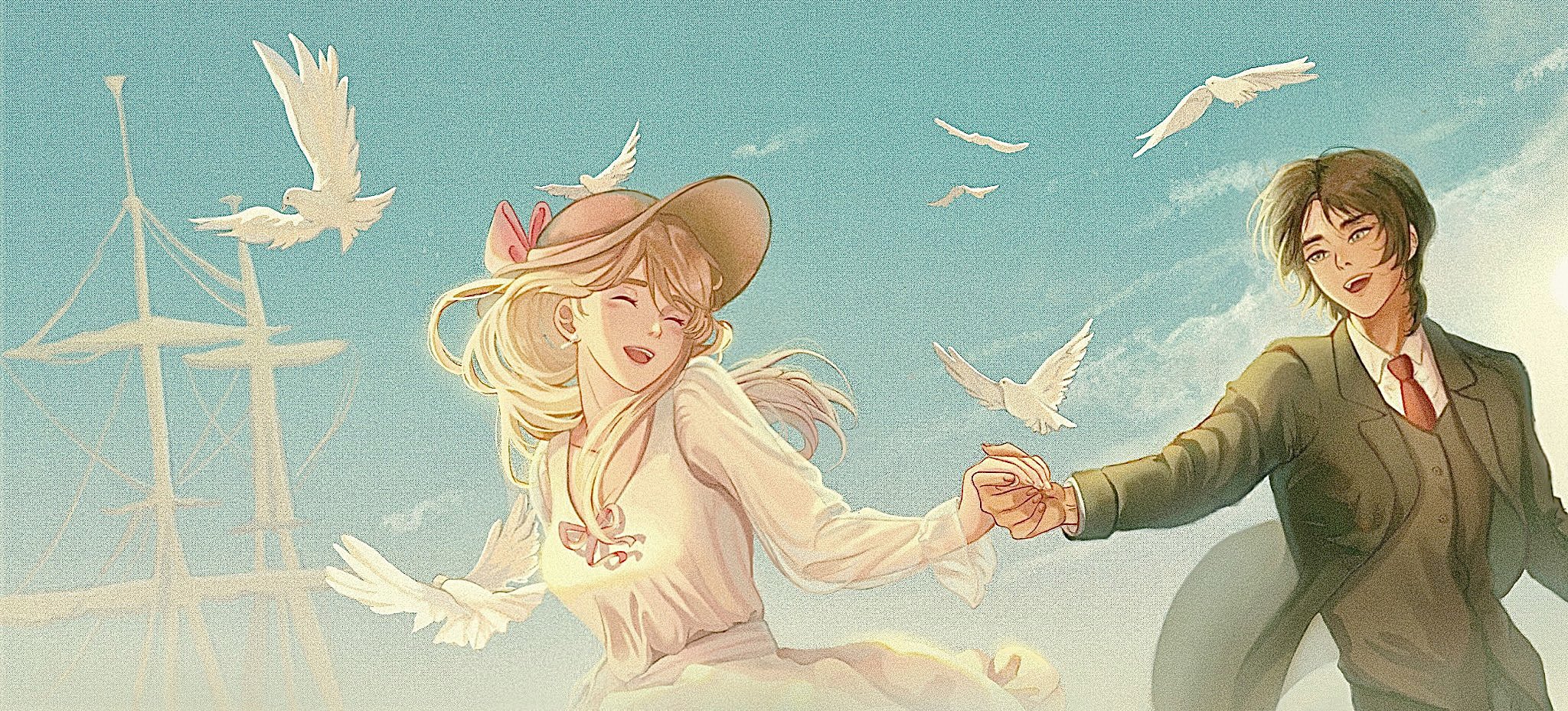 iaisotria, eren yeager, krista lenz, shingeki no kyojin, commentary, english commentary, highres, 1boy, 1girl, bird, blonde hair, bow, breasts, brown hair, closed eyes, collared shirt, couple, dress, green jacket, grey vest, hat, hat bow, hetero, holding hands, jacket, laughing, long hair, medium breasts, necktie, open mouth, outdoors, pink bow, red necktie, ship, shirt, short hair, smile, suit jacket, sun hat, upper body, vest, waistcoat, watercraft, white dress, white shirt