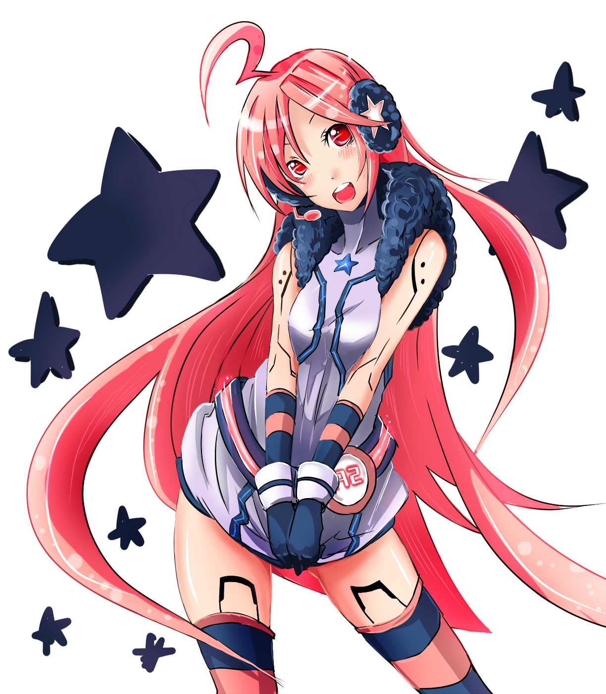 kirisawa saki, sf-a2 miki, vocaloid, bad id, bad pixiv id, highres, 1girl, ahoge, android, belt, blush, dress, female focus, gloves, head tilt, headphones, headset, joints, kneehighs, long hair, red eyes, red hair, robot joints, simple background, smile, socks, solo, star (symbol), striped clothes, striped gloves, striped socks, striped thighhighs, thighhighs, v arms, very long hair, wrist cuffs, zettai ryouiki