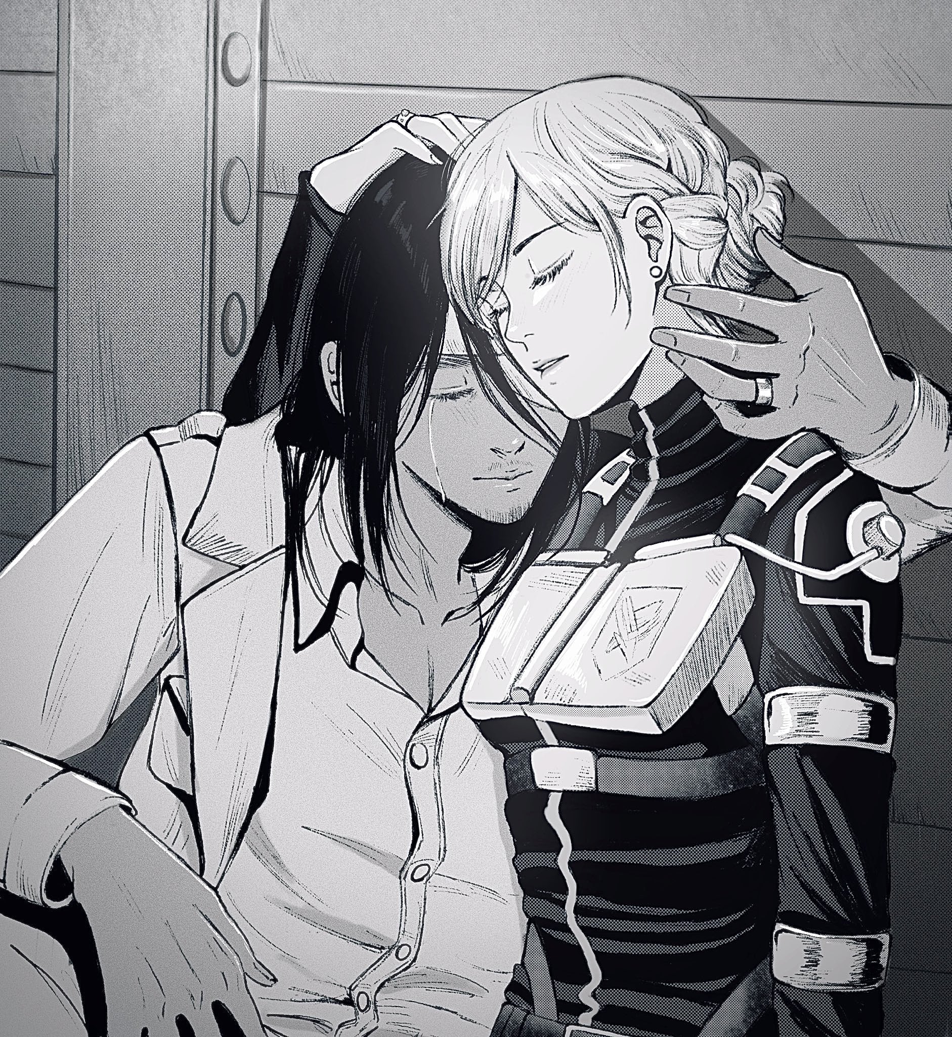 iaisotria, eren yeager, krista lenz, shingeki no kyojin, commentary, english commentary, highres, 1boy, 1girl, arm around shoulder, bandage over one eye, bandaged hand, bandages, black hair, black shirt, braid, breasts, collared shirt, crying, facial hair, greyscale, hair between eyes, hair bun, hand on another's head, hetero, jacket, leaning on person, medium breasts, monochrome, parted lips, shirt, side braid, suit jacket, survey corps (emblem), tears, updo, upper body, white shirt