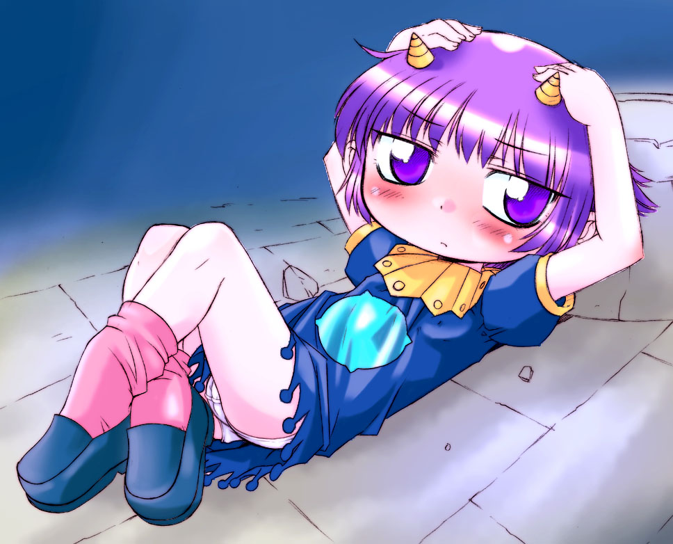 murakami takashi (phbu), ph-bu, laila (konjiki no gash!!), konjiki no gash!!, 00s, blush, chibi, demon girl, horns, loli, panties, pantyshot, purple eyes, purple hair, short hair, underwear
