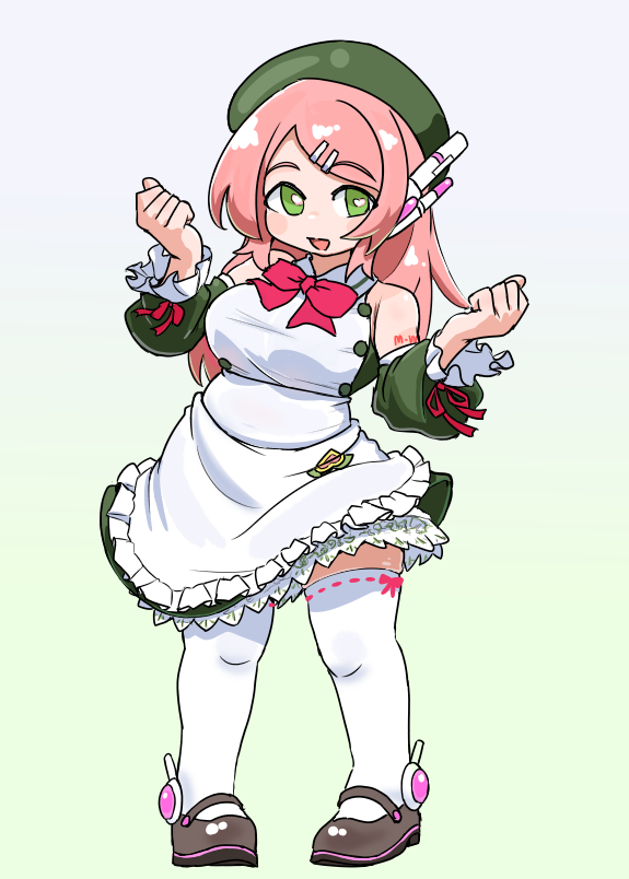 saruyama ushirou, momone momo, utau, 1girl, apron, beret, bright pupils, detached sleeves, dress, green dress, green eyes, hat, heart, heart-shaped pupils, pink hair, robot ears, symbol-shaped pupils, thighhighs, white pupils, white thighhighs