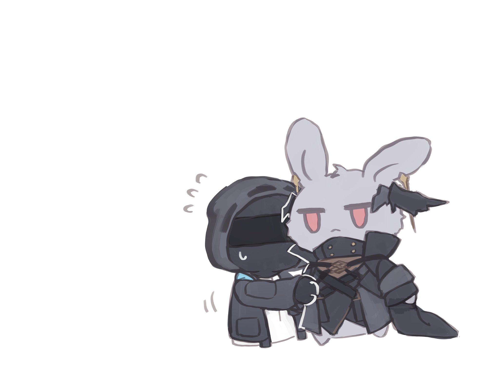 takano jiyuu, doctor (arknights), arknights, highres, 1other, animalization, black cape, black coat, black gloves, black jacket, cape, chibi, coat, earrings, flying sweatdrops, gloves, hood, hood up, hooded jacket, jacket, jewelry, jitome, open clothes, open jacket, rabbit, red eyes, shirt, simple background, sweatdrop, white background, white shirt