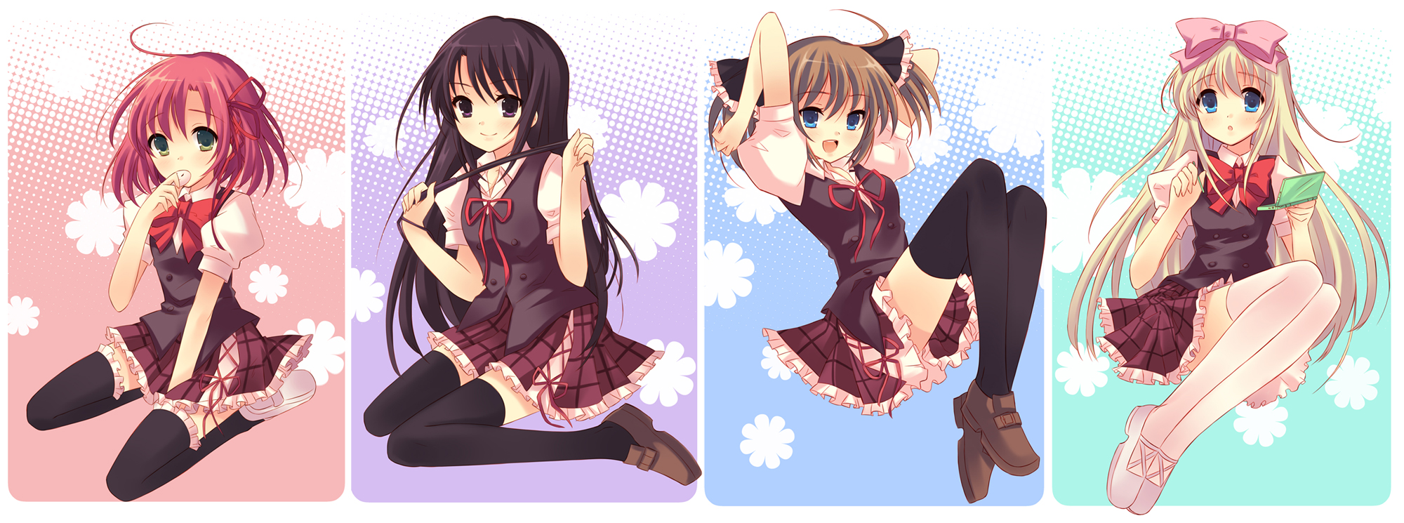 peach88, akaba chizuru, sakurano kurimu, shiina mafuyu, shiina minatsu, seitokai no ichizon, bad id, bad pixiv id, highres, long image, wide image, 00s, 4girls, ahoge, black hair, black thighhighs, blonde hair, blue eyes, blush, bow, brown hair, eating, green eyes, hair bow, hair ribbon, happy, kneeling, legs, long hair, multiple girls, pink hair, purple eyes, ribbon, school uniform, short hair, sitting, skirt, smile, thighhighs, very long hair, white thighhighs, zettai ryouiki