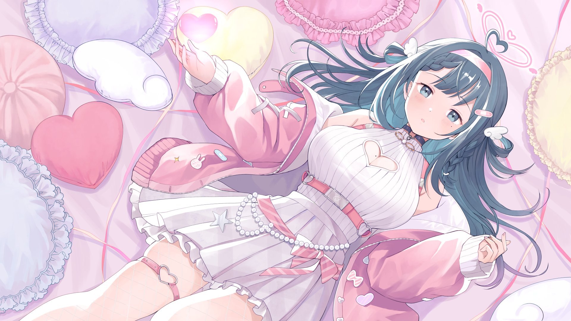 naname (danbooru maker), amano nene (tenshi) (vtuber), amano nene (vtuber), indie virtual youtuber, commentary request, commission, highres, skeb commission, 1girl, ahoge, bandaid, bandaid hair ornament, black choker, blue eyes, blue hair, blush, braid, braided bangs, breasts, choker, cleavage cutout, clothing cutout, cushion, frilled skirt, frills, from above, hair ornament, hair rings, hairband, halo, heart, heart-shaped pillow, heart ahoge, heart cutout, heart halo, heart o-ring, jacket, large breasts, long hair, long sleeves, looking at viewer, lying, mole, mole on breast, mole under eye, o-ring, o-ring choker, o-ring thigh strap, off shoulder, on back, open clothes, open jacket, parted lips, pillow, pink hairband, pink jacket, pleated skirt, ribbed shirt, shirt, skirt, sleeves past wrists, solo, thigh strap, virtual youtuber, white shirt, white skirt, wing hair ornament