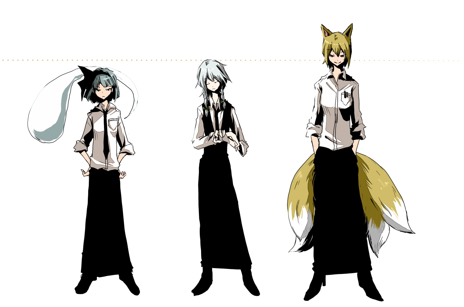 kurau kii, izayoi sakuya, konpaku youmu, konpaku youmu (ghost), yakumo ran, touhou, bad id, bad pixiv id, 3girls, alternate costume, animal ears, contemporary, female focus, formal clothes, multiple girls, short hair, tail