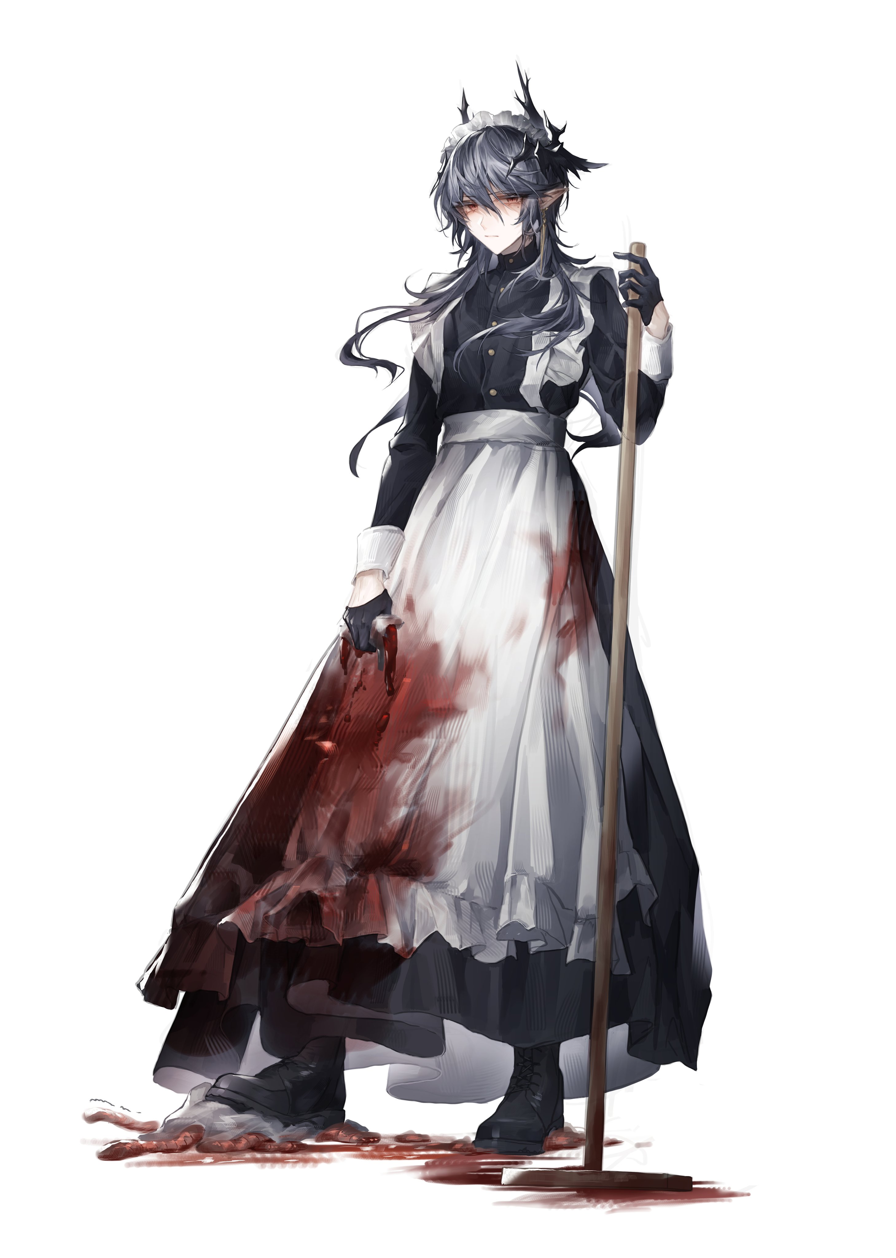 takano jiyuu, logos (arknights), arknights, absurdres, highres, 1boy, alternate costume, apron, black boots, black dress, black gloves, blood, blood on clothes, boots, buttons, closed mouth, crossdressing, crossdressing (mtf), demon horns, dress, enmaided, floating hair, full body, gloves, grey hair, hair between eyes, half gloves, holding, holding mop, horns, long hair, looking at viewer, maid, maid apron, maid headdress, male focus, male maid, mole, mole under eye, monster, mop, pointy ears, red eyes, simple background, solo, touch of sanguinarch (arknights), white apron