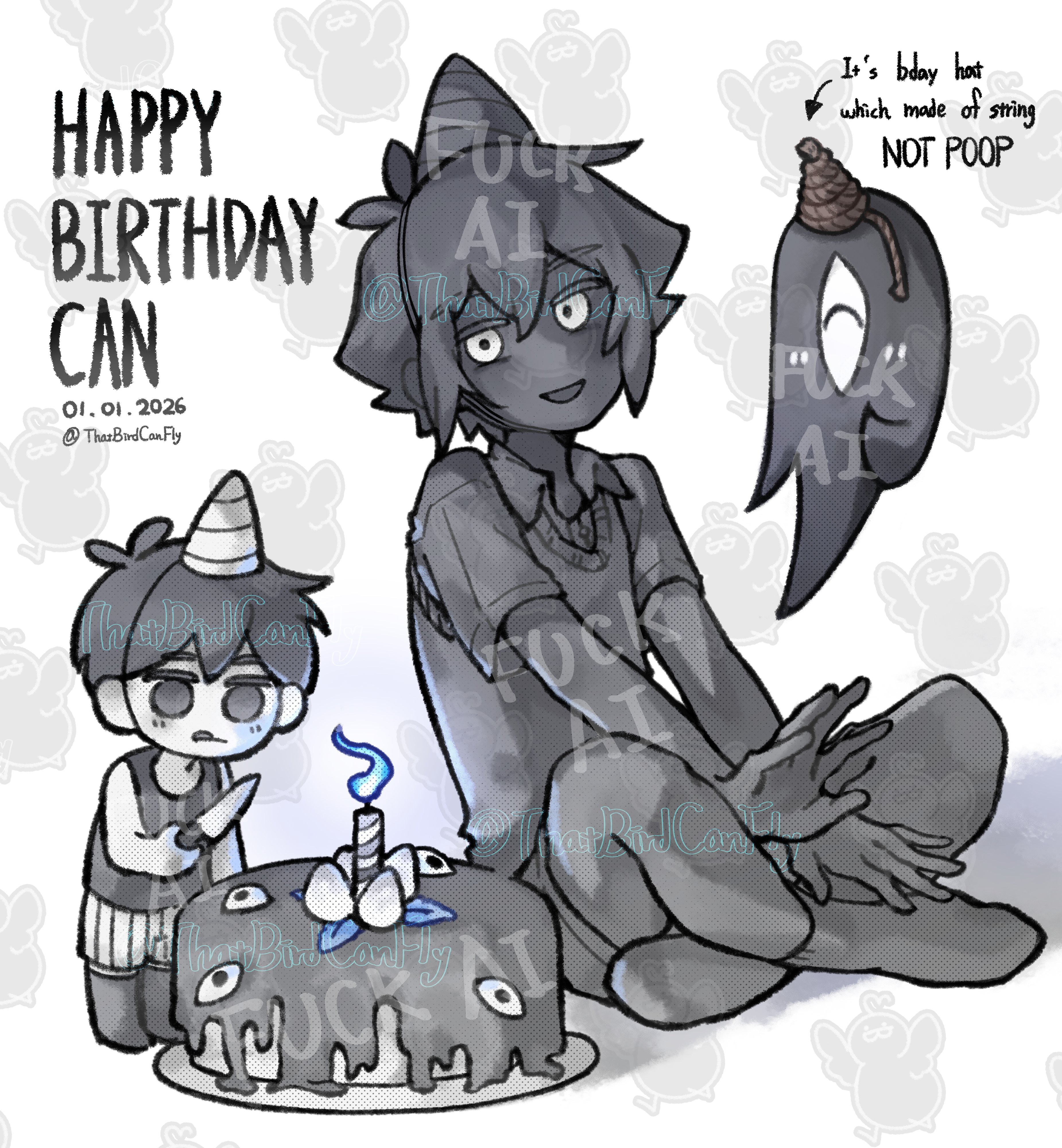 thatbirdcanfly, something (omori), stranger (omori), omori, absurdres, commentary, english commentary, highres, 2boys, antenna hair, arrow (symbol), artist name, birthday cake, black eyes, black hair, black shirt, black shorts, black skin, black socks, black sweater vest, black tank top, cake, candle, closed mouth, colored skin, dated, double-parted bangs, english text, food, gift art, hair between eyes, hat, holding, holding knife, indian style, knife, looking at viewer, mini person, miniboy, multiple boys, open mouth, party hat, plate, shirt, short hair, short sleeves, shorts, sidelocks, sitting, smile, socks, standing, striped clothes, striped shorts, sweater vest, tank top, tongue, tongue out, twitter username, two-tone shorts, vertical-striped clothes, vertical-striped shorts, watermark, white eyes, white shorts, white skin