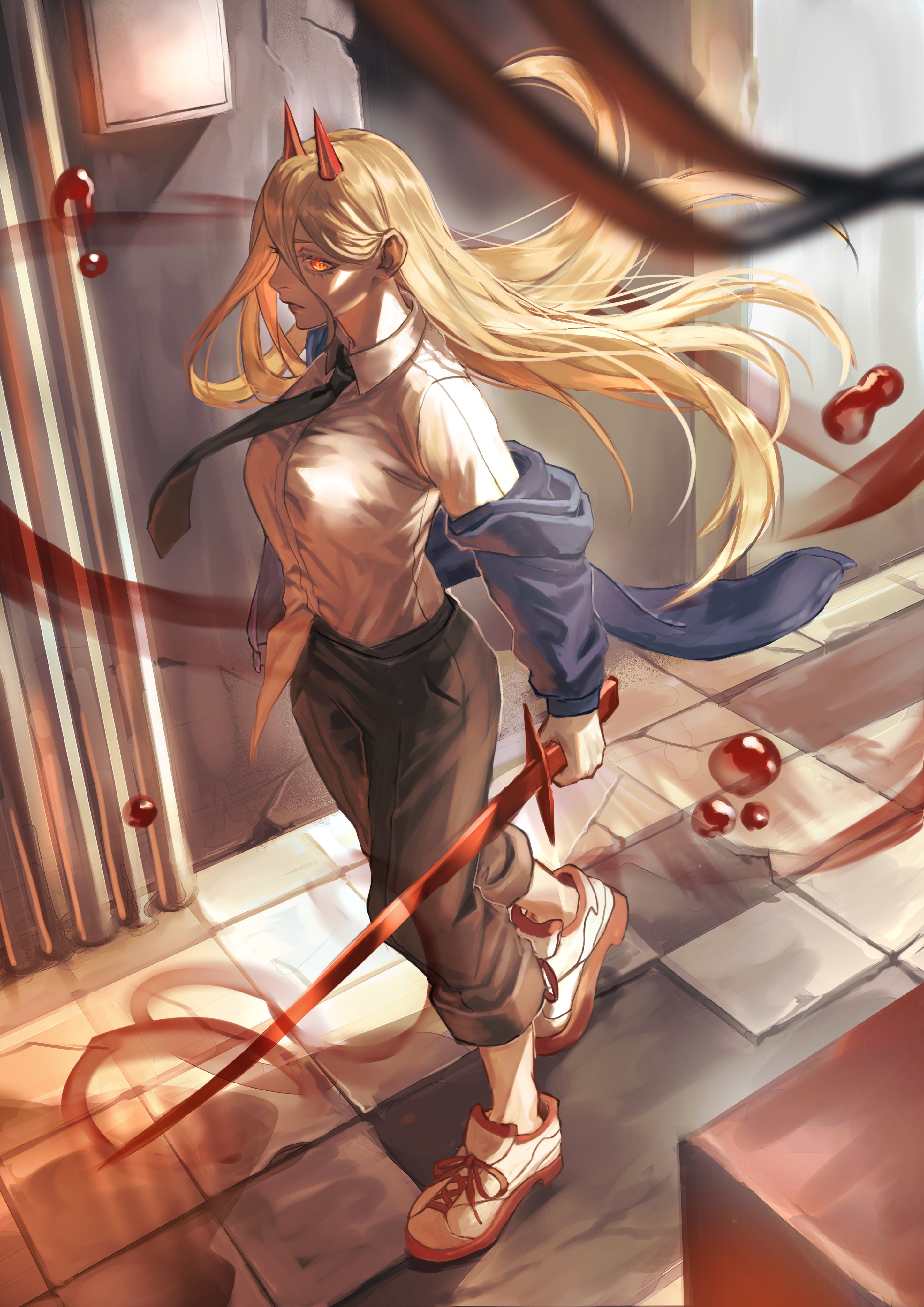 bonjindaaa, power (chainsaw man), chainsaw man, absurdres, commentary request, highres, 1girl, black necktie, black pants, blonde hair, blood, blue coat, breasts, coat, coat partially removed, collared shirt, cross-shaped pupils, demon girl, full body, hair between eyes, holding, holding sword, holding weapon, horns, long hair, medium breasts, necktie, orange eyes, pants, pants rolled up, parted lips, red horns, shirt, shoes, sneakers, solo, sword, symbol-shaped pupils, tile floor, tiles, walking, weapon, white shirt, white shoes