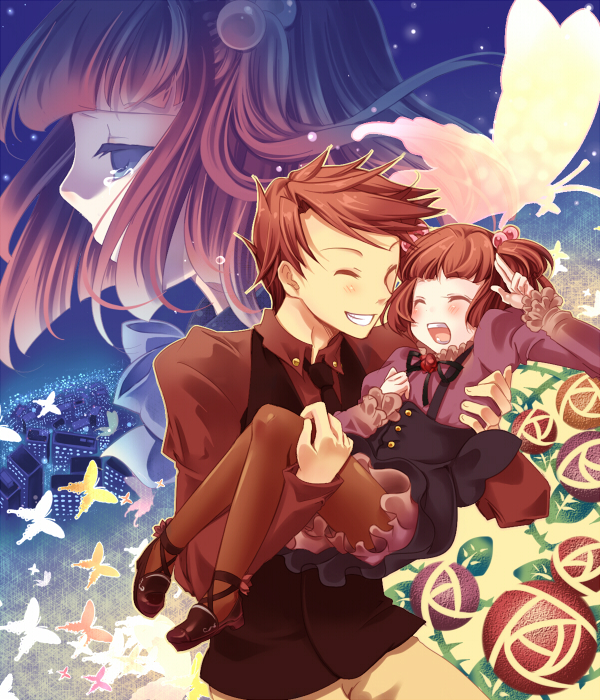 kokuro, ushiromiya ange, ushiromiya battler, umineko no naku koro ni, bad id, bad pixiv id, 00s, aged down, blue eyes, blush, brother and sister, bug, butterfly, child, closed eyes, family bonding, frills, hair bobbles, hair ornament, happy, holding, insect, jacket, mary janes, necktie, pantyhose, red hair, ribbon, shoes, short hair, siblings, smile, tears, time paradox, twintails