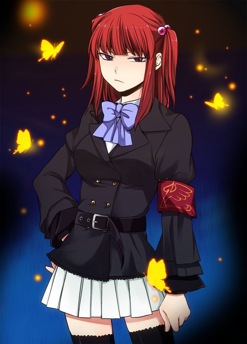 yodobashi yuo, ushiromiya ange, umineko no naku koro ni, 00s, armband, blue eyes, blunt bangs, bow, bug, butterfly, hair bobbles, hair ornament, insect, jacket, red hair, ribbon, skirt, solo, thighhighs, twintails, two side up