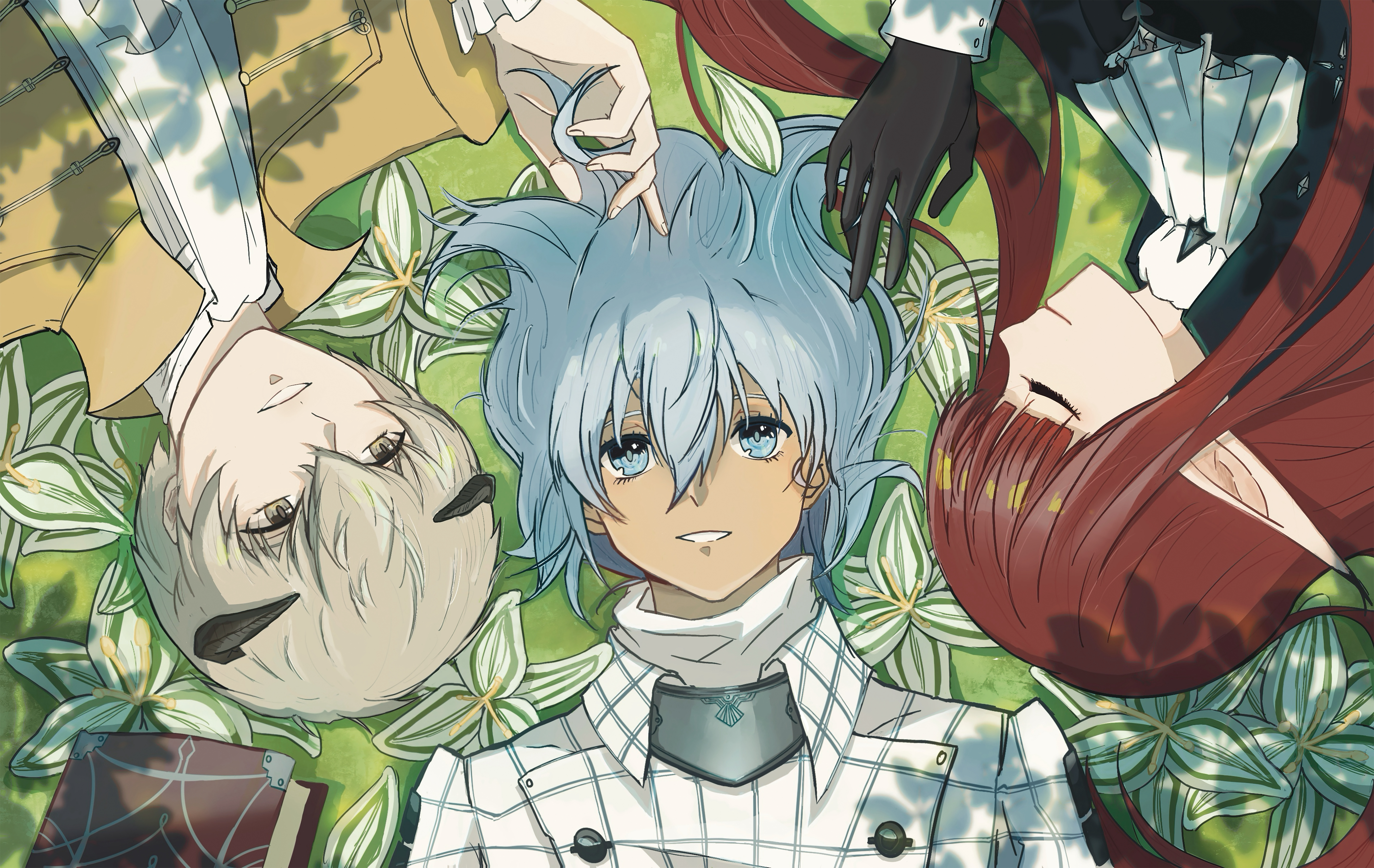 hulkenberg (metaphor: refantazio), protagonist (metaphor: refantazio), strohl (metaphor: refantazio), metaphor: refantazio, absurdres, commentary request, highres, spoilers, 1girl, 2boys, aqua eyes, aqua hair, ascot, black gloves, black horns, book, brown jacket, closed eyes, closed mouth, fingernails, gloves, grass, grey eyes, grey hair, horns, jacket, kluger lx, long hair, lying, multiple boys, pointy ears, profile, red hair, short hair, white ascot, white jacket