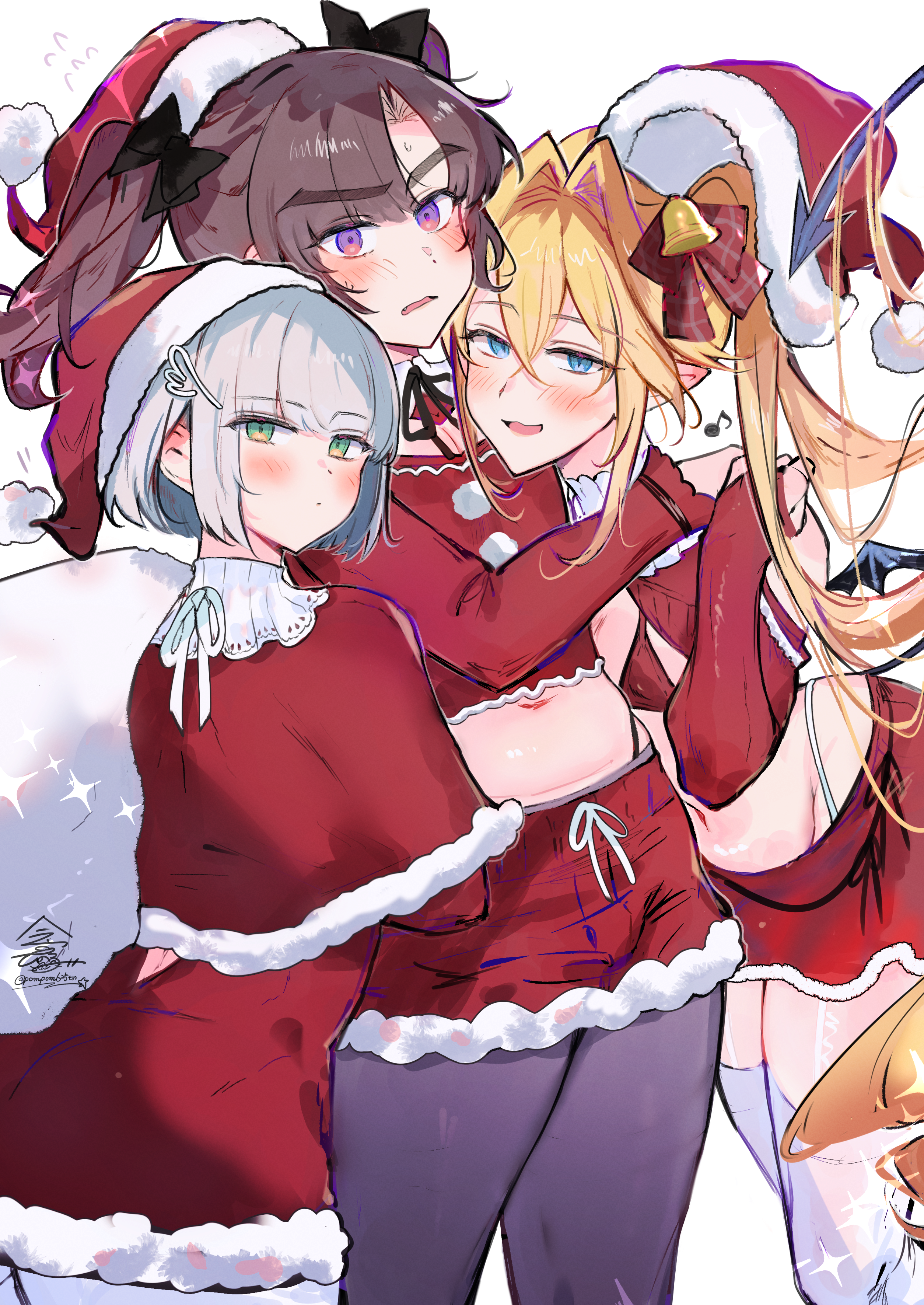 imamiya pinoko, ayase ayato (imamiya pinoko), hirakawa mahiru (imamiya pinoko), kakage azusa (imamiya pinoko), original, absurdres, bad source, highres, 3boys, bell, black bow, black pantyhose, blonde hair, blue eyes, blush, bow, brown hair, bulge, closed mouth, crop top, crossdressing, crossdressing (mtf), green eyes, grey hair, hair bell, hair bow, hair intakes, hair ornament, hat, long hair, long sleeves, looking at viewer, male focus, multiple boys, navel, pantyhose, parted bangs, parted lips, pointy ears, ponytail, purple eyes, red bow, red shorts, santa costume, santa hat, short hair, shorts, thick eyebrows, thighhighs, trap, twintails, white thighhighs