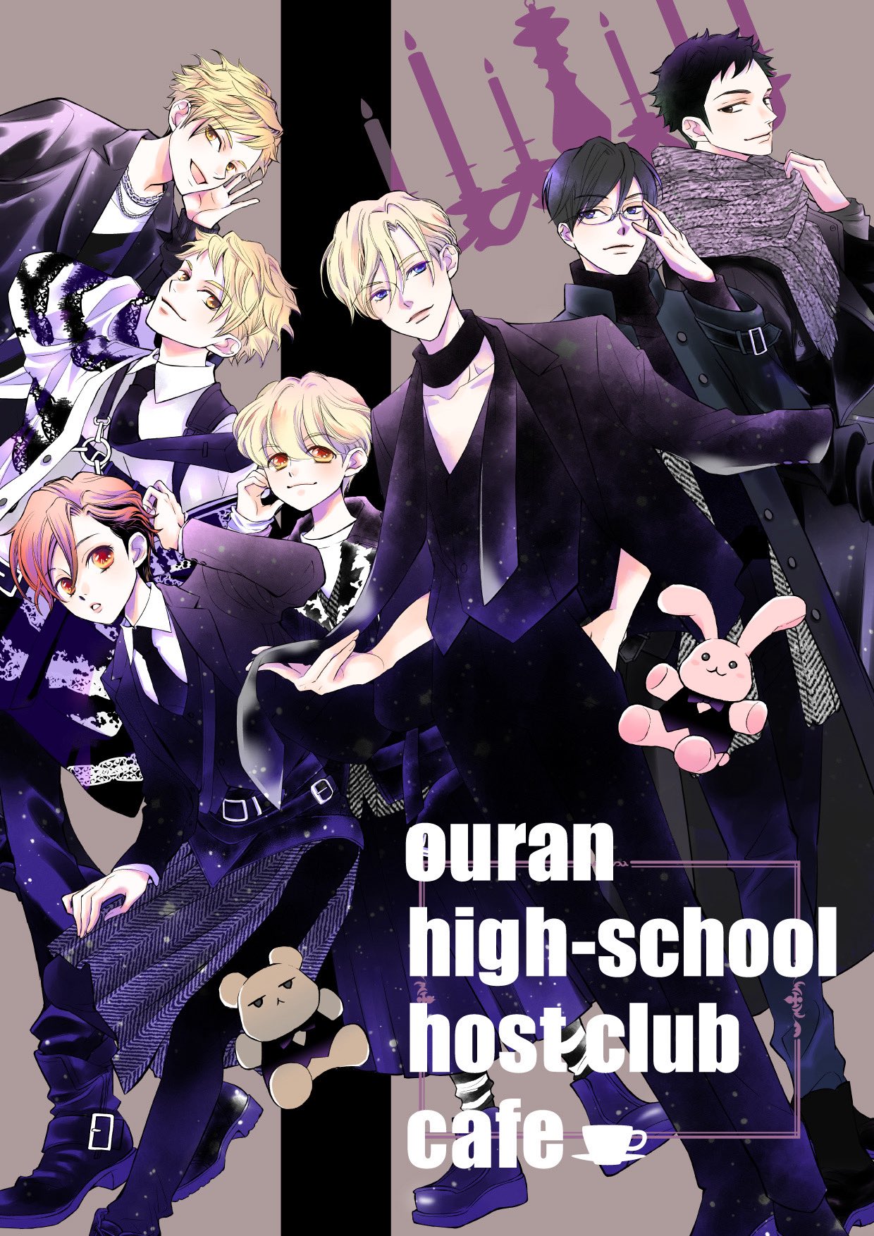 fujioka haruhi, haninozuka mitsukuni, hitachiin hikaru, hitachiin kaoru, morinozuka takashi, ootori kyouya, suou tamaki, ouran high school host club, commentary, english commentary, highres, official art, 1girl, 6+boys, adjusting eyewear, androgynous, black boots, black coat, black hair, black jacket, black necktie, black pantyhose, black sweater, blonde hair, blue eyes, boots, brothers, brown eyes, brown hair, cafe, chandelier, closed mouth, coat, collared shirt, copyright name, cup, full body, glasses, grey background, grey scarf, hair between eyes, hand in own hair, hand in pocket, hand to own mouth, jacket, jewelry, male focus, multiple boys, necklace, necktie, open mouth, pantyhose, scarf, shirt, short hair, siblings, smile, stuffed animal, stuffed rabbit, stuffed toy, sweater, teacup, turtleneck, turtleneck sweater, twins, white shirt