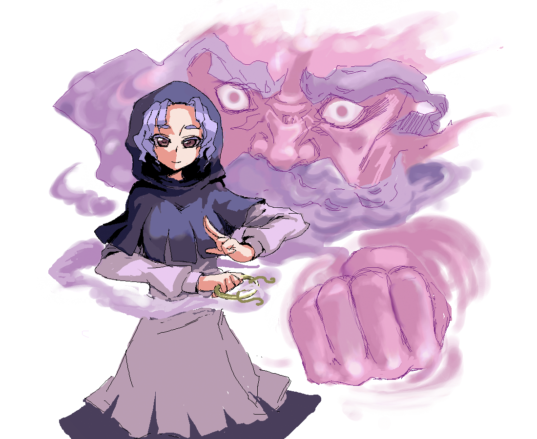 kumadano, kumoi ichirin, unzan, touhou, light purple hair, bad id, bad pixiv id, 1girl, apron, beard, clenched hand, cloak, expressionless, facial hair, hood, hooded cloak, looking at viewer, short hair, simple background, standing, waist apron, white background, wide-eyed