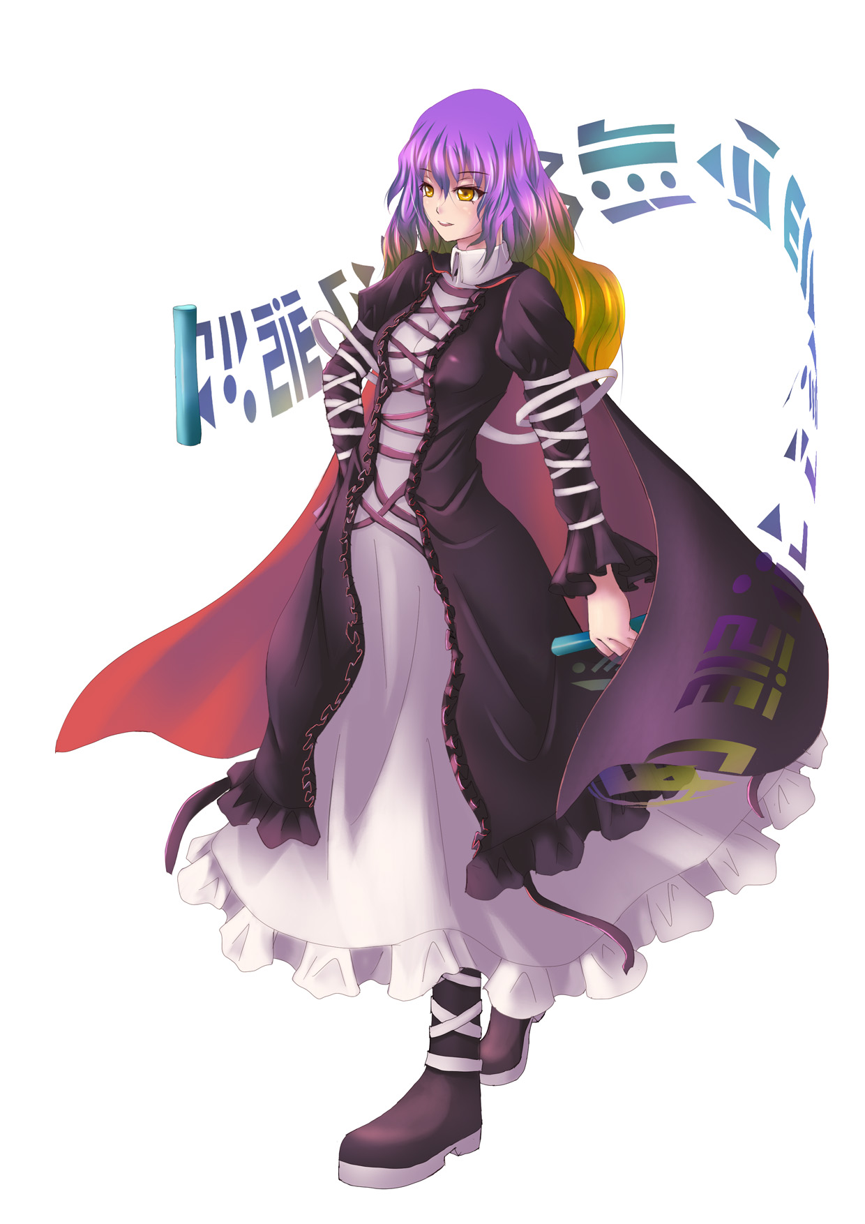 ac xsk, musyne xsk, hijiri byakuren, touhou, highres, 1girl, cape, dress, female focus, gradient hair, long hair, multicolored hair, scroll, solo, sorcerer's sutra scroll, yellow eyes