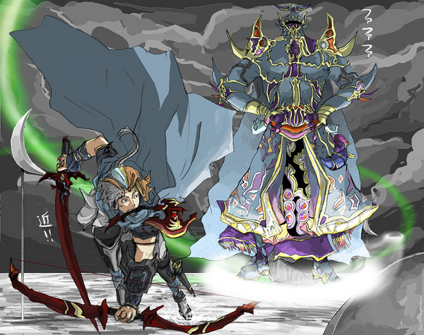 exdeath, firion, dissidia final fantasy, final fantasy, final fantasy ii, final fantasy v, 1980s (style), bad id, bad pixiv id, translation request, 1990s (style), 2boys, armor, battle, bow (weapon), dual wielding, hands on own hips, holding, male focus, mouth hold, multiple boys, ponytail, retro artstyle, smoke, sword, teleportation, triple wielding, weapon