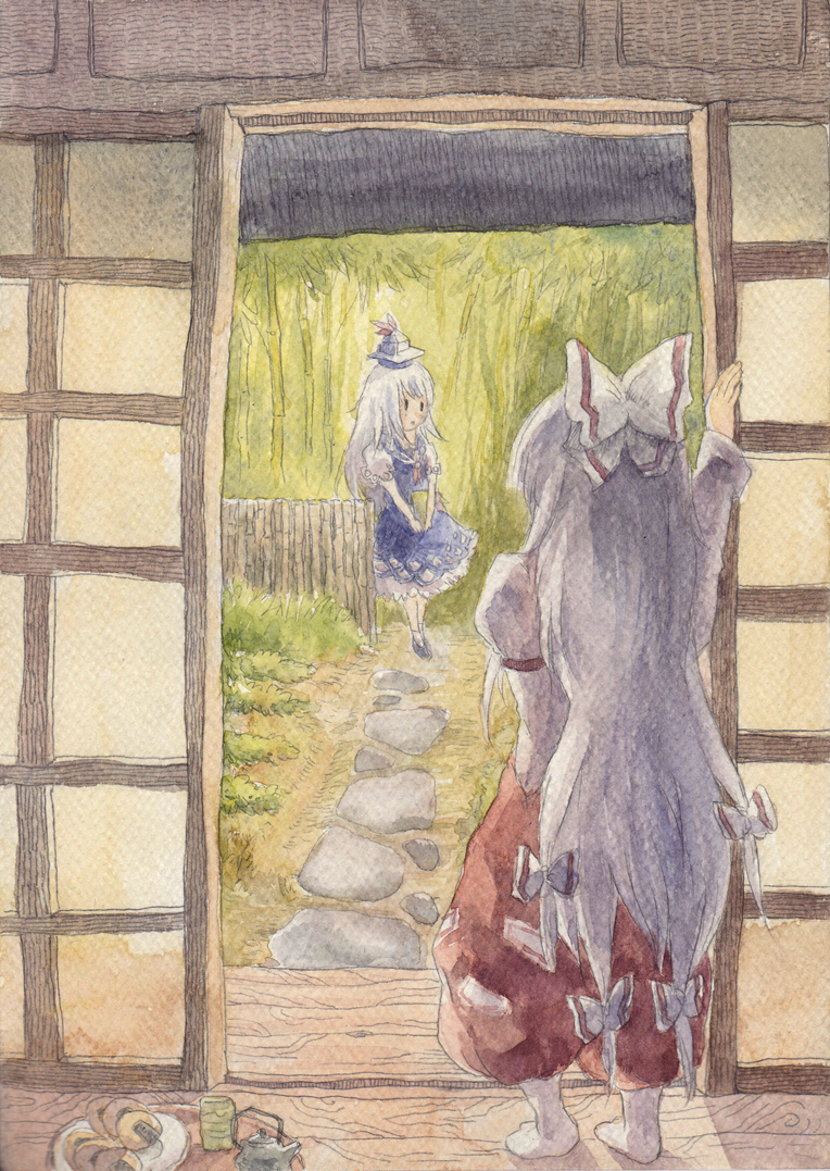 rowsina, fujiwara no mokou, kamishirasawa keine, touhou, silver hair, 2girls, bow, cup, female focus, food, hat, long hair, multiple girls, plate, senbei, socks, tray, yunomi