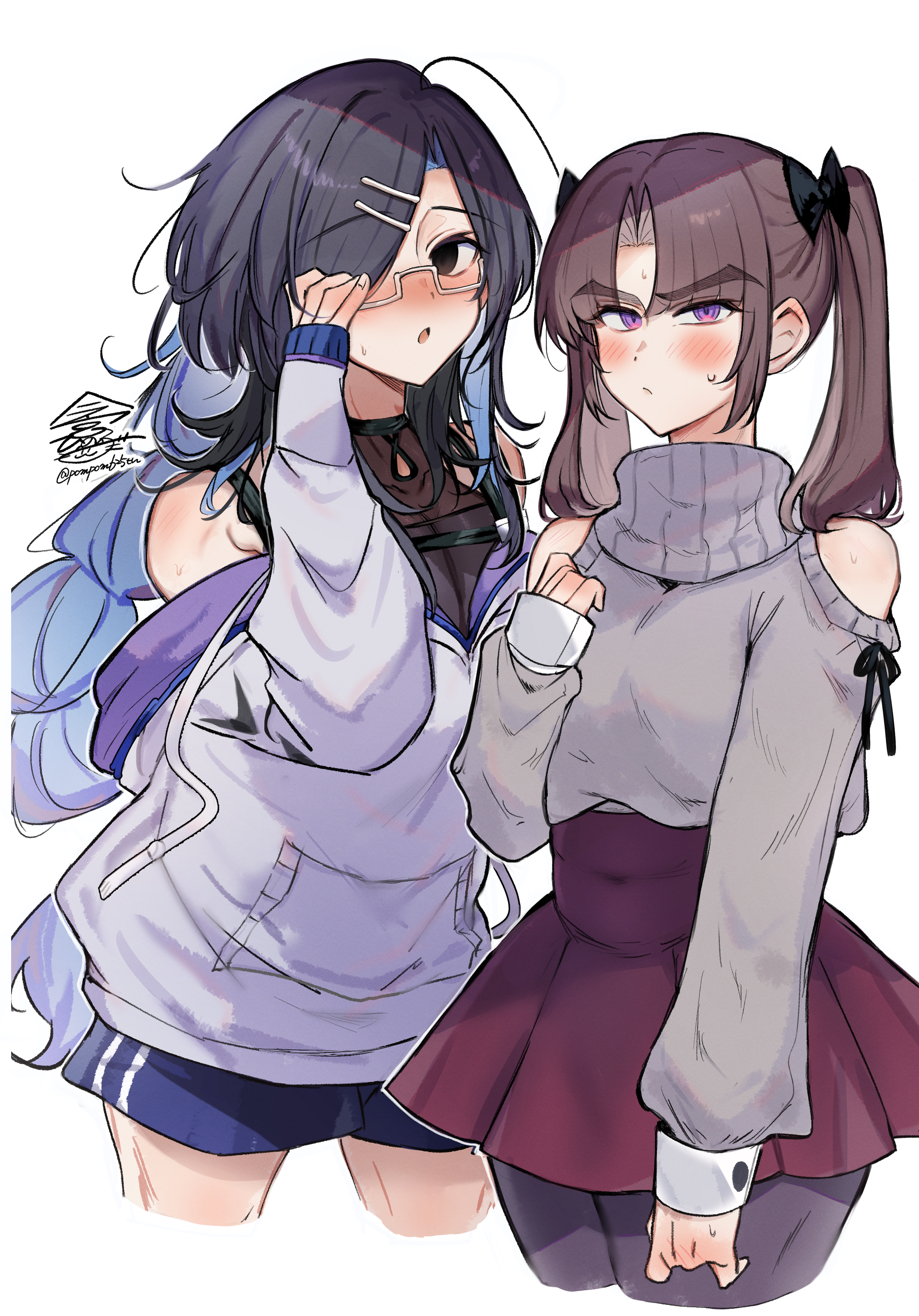 imamiya pinoko, ayase ayato (imamiya pinoko), original, absurdres, bad source, highres, 2boys, black bow, black eyes, black hair, black pantyhose, blue shorts, blush, bow, brown hair, closed mouth, clothing cutout, colored inner hair, crossdressing, crossdressing (mtf), grey sweater, hair bow, hair ornament, hair over one eye, hairclip, imamiya-kun (imamiya pinoko), long hair, long sleeves, looking at viewer, male focus, medium hair, multicolored hair, multiple boys, pantyhose, parted bangs, parted lips, purple eyes, rectangular eyewear, red skirt, semi-rimless eyewear, short twintails, shorts, shoulder cutout, simple background, skirt, sweatdrop, sweater, thick eyebrows, trap, twintails, twitter username, two-tone hair, under-rim eyewear, white-framed eyewear, white background