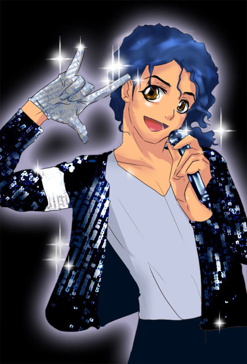 dg, michael jackson, macross, macross frontier, real life, 1boy, m/, alternate hair color, animification, armband, blue hair, brown eyes, crossover, dark-skinned male, dark skin, gloves, jacket, male focus, microphone, music, parody, ponytail, seikan hikou, sequins, shirt tucked in, singing, single glove, solo, sparkle, unmoving pattern, v-neck