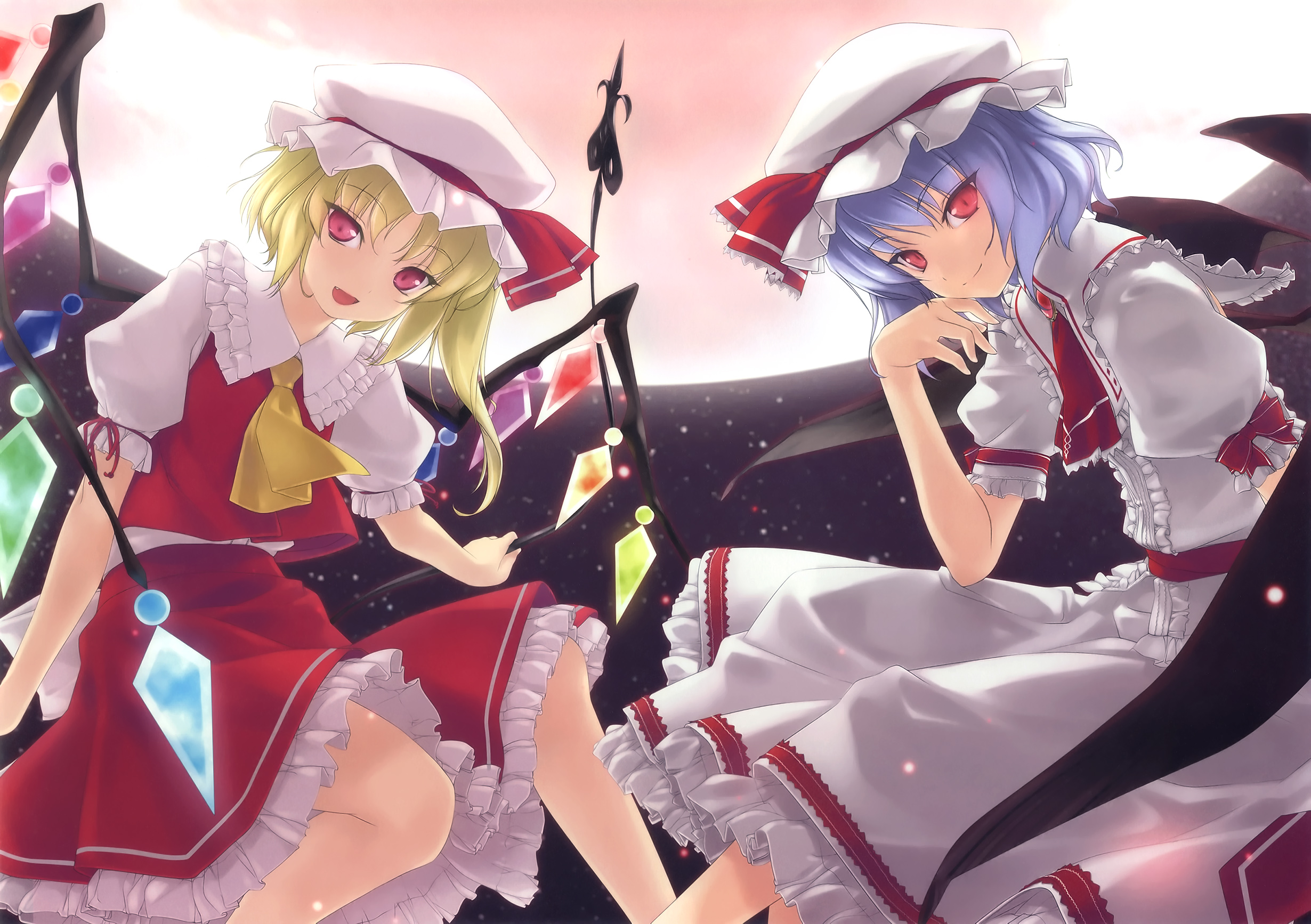 rokuwata tomoe, flandre scarlet, remilia scarlet, touhou, highres, 2girls, bat wings, blonde hair, blue hair, fang, female focus, hat, moon, multiple girls, ponytail, red eyes, short hair, siblings, side ponytail, sisters, wings