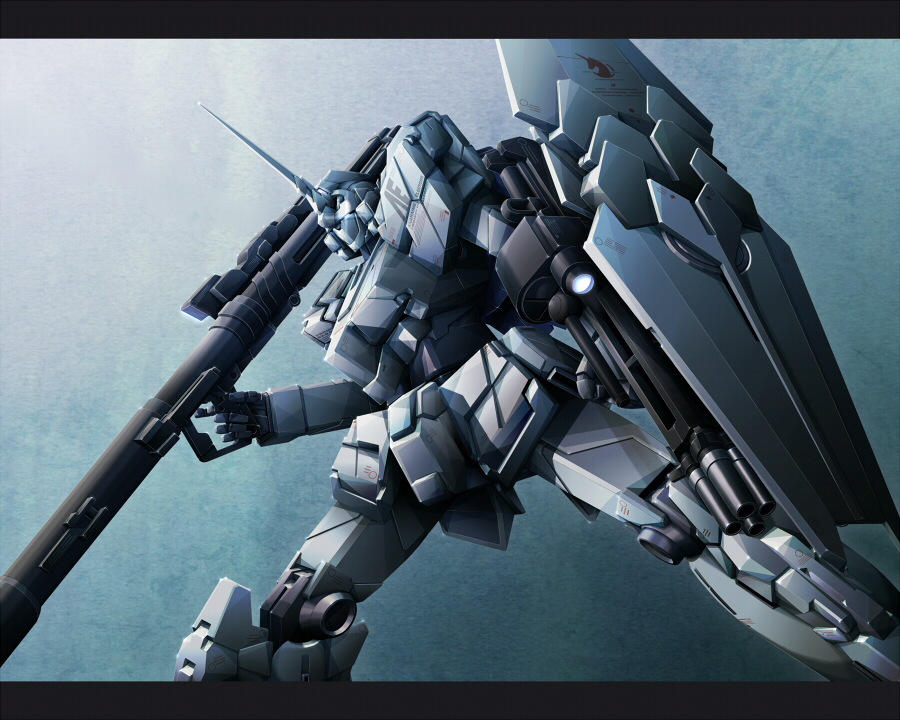 reigan, unicorn gundam, gundam, gundam unicorn, gradient background, gun, m1 bazooka, mecha, no humans, robot, rocket launcher, shield, solo, weapon