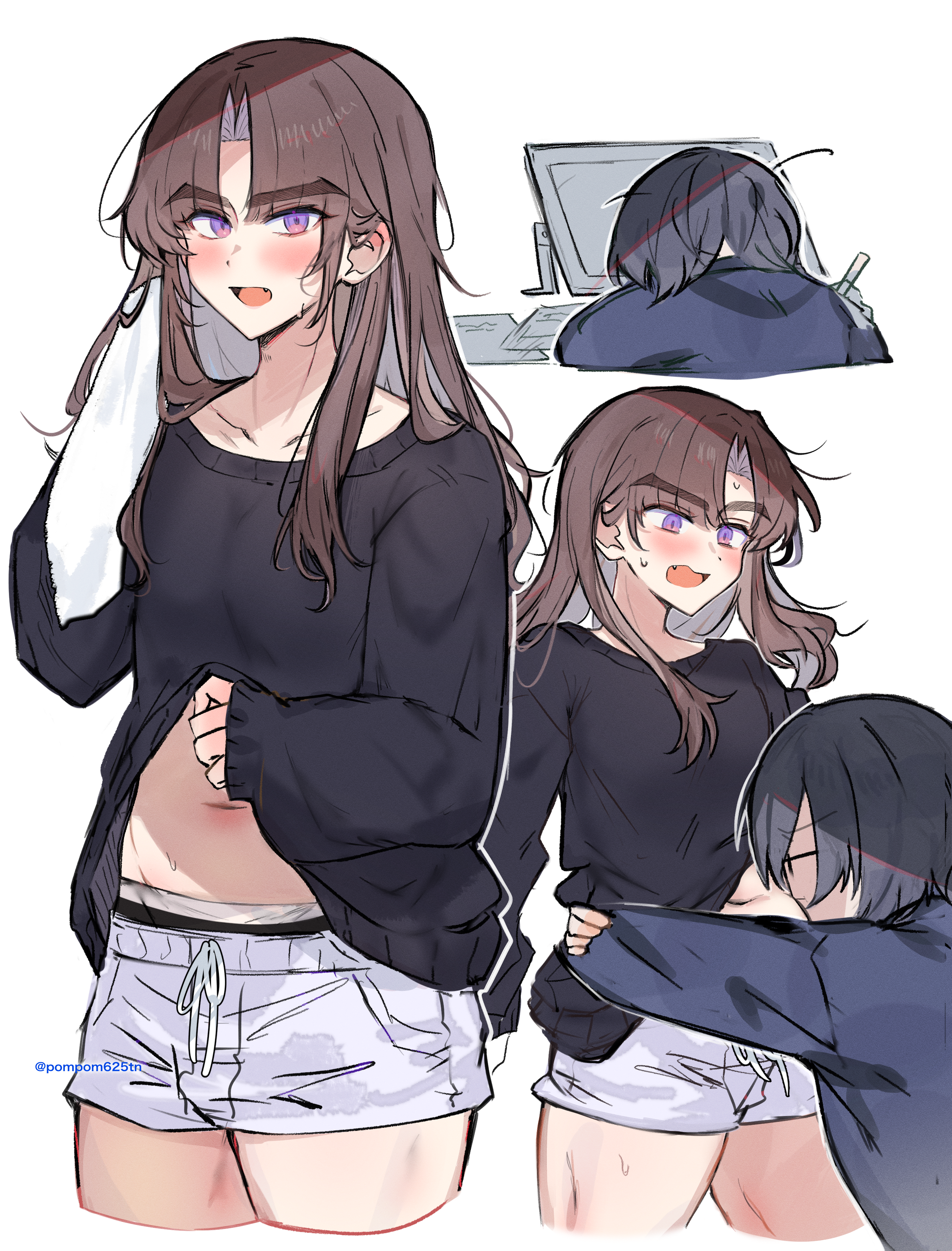 imamiya pinoko, ayase ayato (imamiya pinoko), original, absurdres, bad source, highres, 2boys, black hair, black sweater, blush, brown hair, collarbone, faceless, faceless male, fang, glasses, grey pants, hug, long hair, long sleeves, looking at another, looking at viewer, male focus, multiple boys, navel, open mouth, pants, parted bangs, purple eyes, short hair, sweatdrop, sweater, thick eyebrows, trap, twitter username