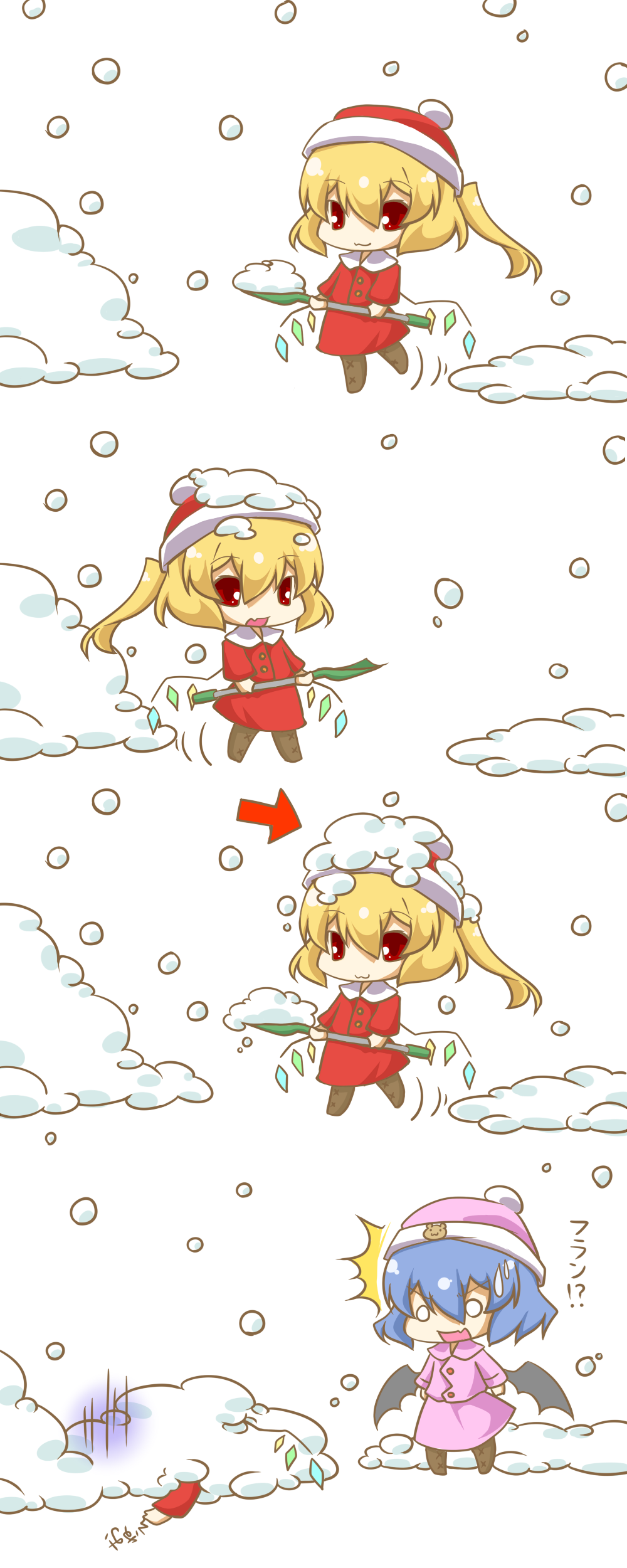 eiri (eirri), flandre scarlet, remilia scarlet, touhou, absurdres, bad id, bad pixiv id, highres, translated, 2girls, :3, :d, ^^^, arrow (symbol), bat wings, chibi, coat, comic, dying message, female focus, gloom (expression), multiple girls, o o, object on head, open mouth, shovel, smile, snow, snow shovel, wings, winter, winter clothes, worktool