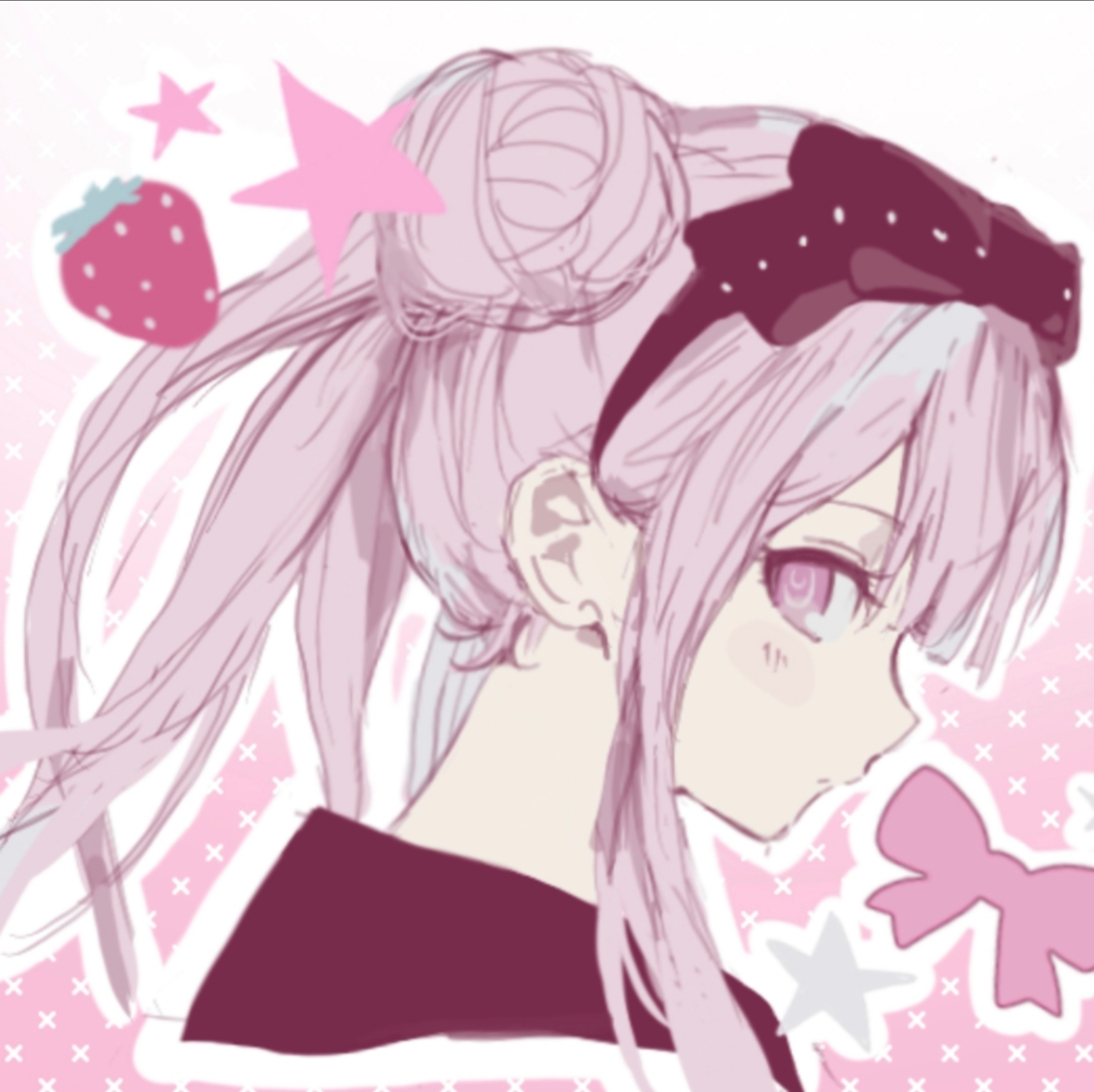 tsukumo kako, the hundred line -last defense academy-, highres, 1girl, black bow, black hairband, blush stickers, bow, closed mouth, cropped shoulders, expressionless, food, from side, fruit, hair bun, hairband, kuravika, long hair, outline, pink eyes, pink hair, profile, sidelocks, sketch, solo, star (symbol), strawberry, white outline