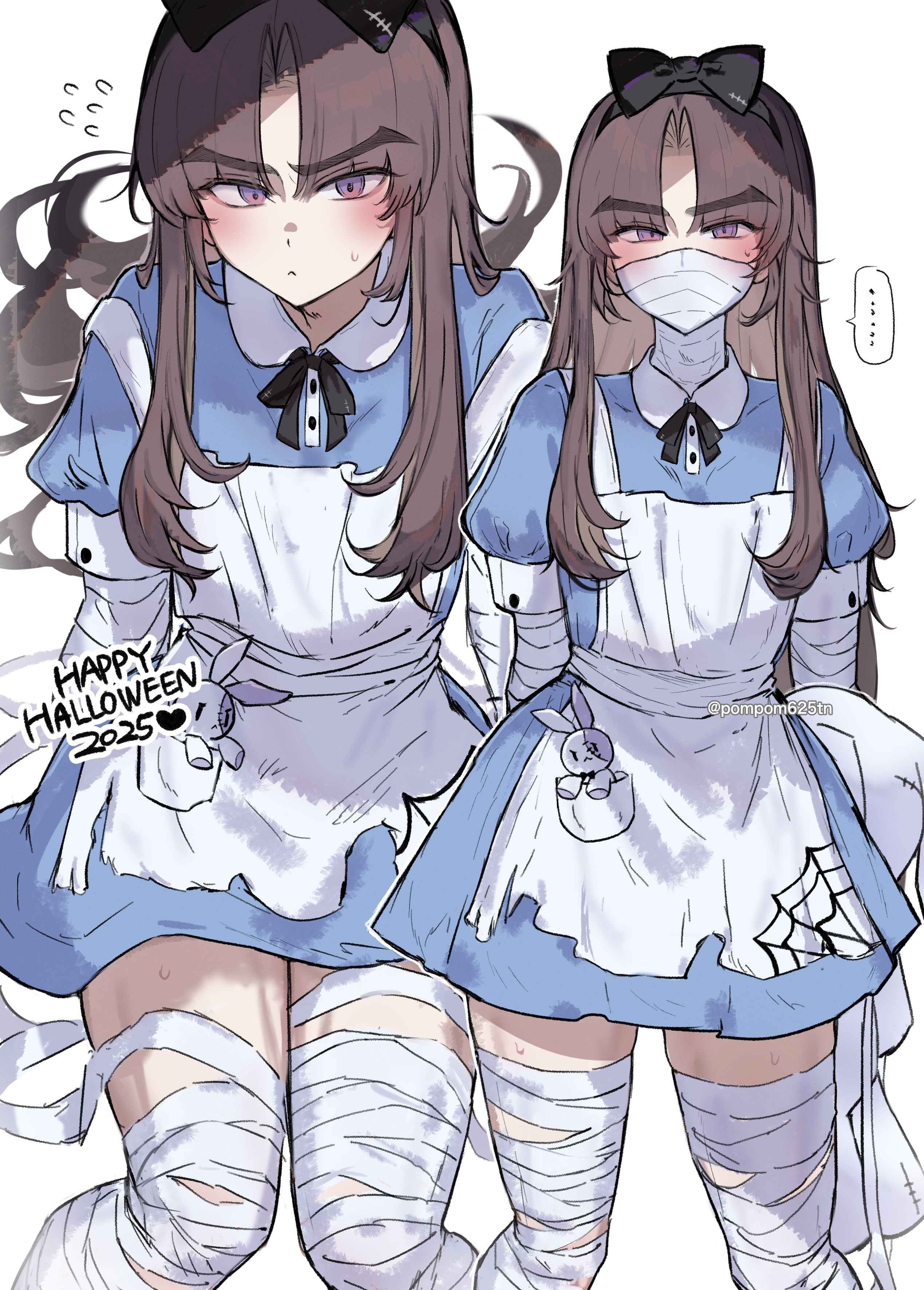 imamiya pinoko, ayase ayato (imamiya pinoko), original, absurdres, bad source, highres, …, 1boy, 2025, blush, brown hair, closed mouth, crossdressing, crossdressing (mtf), flying sweatdrops, halloween costume, happy halloween, looking at viewer, parted bangs, puffy short sleeves, puffy sleeves, purple eyes, short sleeves, simple background, solo, speech bubble, spoken ellipsis, sweatdrop, trap, twitter username, white background