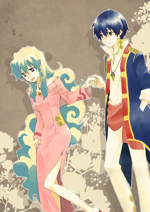 yamasato, nia teppelin, simon (ttgl), tengen toppa gurren lagann, bad id, bad pixiv id, 00s, 1boy, 1girl, blue hair, couple, dress, hetero, holding hands, multicolored hair, pink dress, smile, two-tone hair