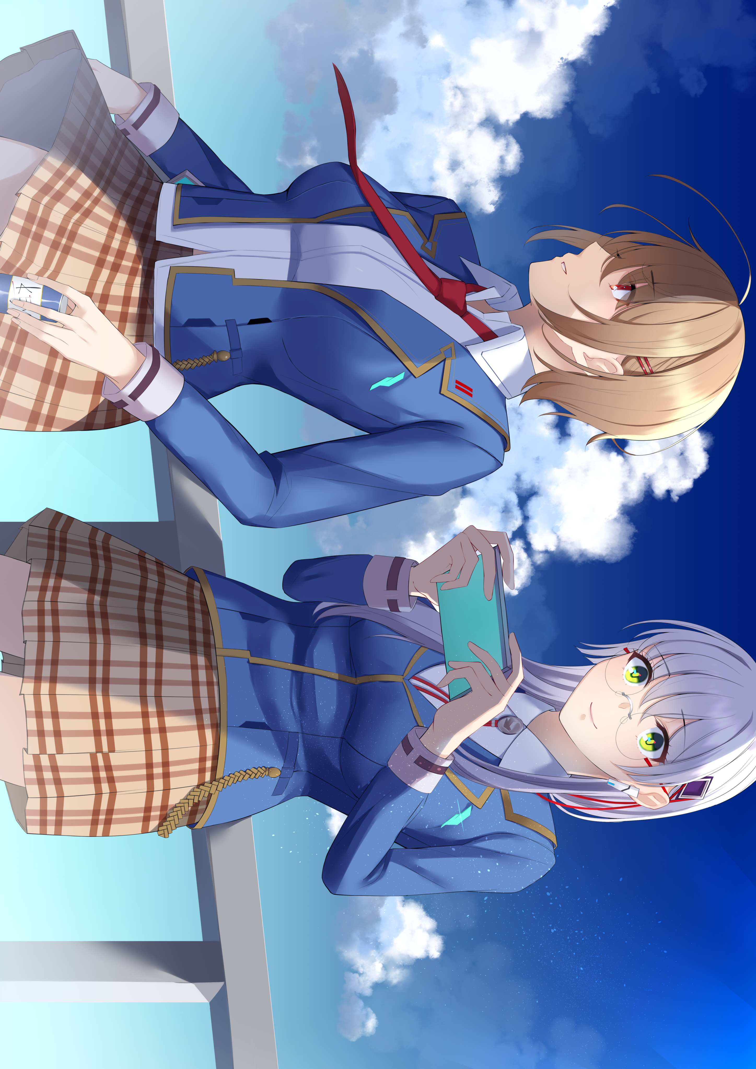 negino yurine, izumi yuki (heaven burns red), kayamori ruka, heaven burns red, absurdres, commentary request, highres, 2girls, ahoge, blue sky, brown hair, can, cloud, cloudy sky, glasses, green eyes, grey hair, multiple girls, necktie, red eyes, school uniform, sky