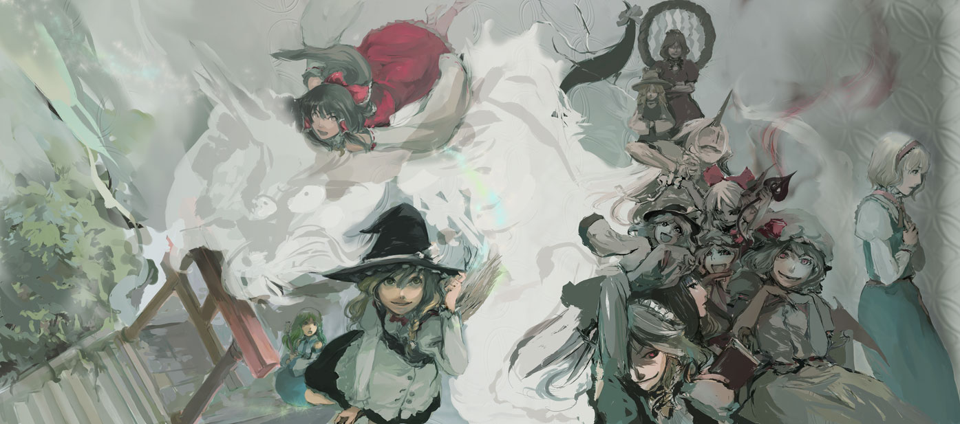 hiroyo, alice margatroid, flandre scarlet, hakurei reimu, hoshiguma yuugi, ibuki suika, izayoi sakuya, kirisame marisa, kochiya sanae, komeiji koishi, moriya suwako, patchouli knowledge, remilia scarlet, yasaka kanako, touhou, silver hair, 6+girls, bat wings, blonde hair, braid, broom, brown hair, detached sleeves, female focus, gap (touhou), green hair, hat, horns, japanese clothes, long hair, miko, multiple girls, purple hair, red eyes, ribbon, short hair, single horn, stairs, torii, twin braids, wings, witch, witch hat