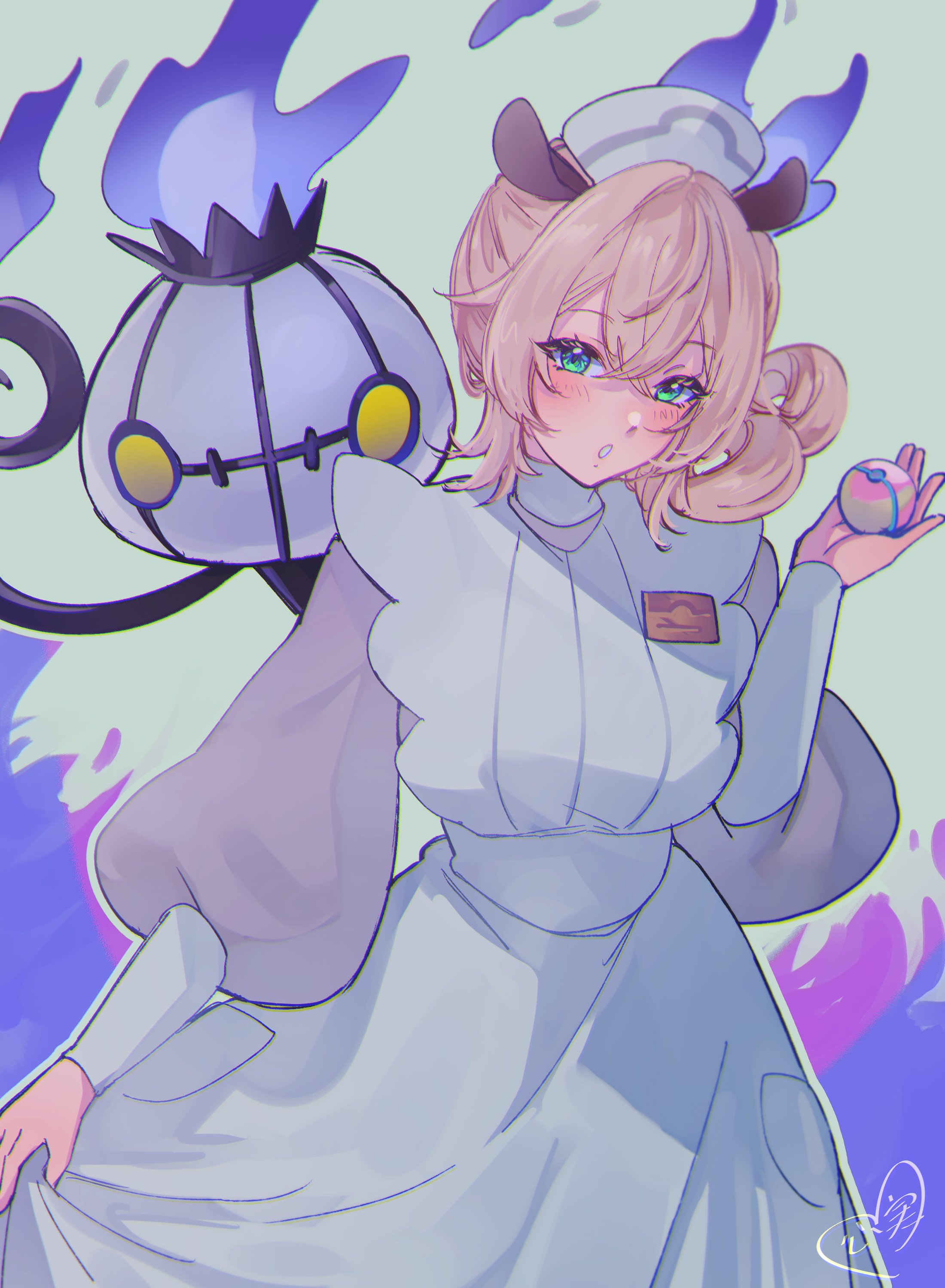 kokomi (aniesuakkaman), chandelure, nimi nightmare, indie virtual youtuber, nintendo, pokemon, pokemon legends: z-a, absurdres, hashtag-only commentary, highres, 1girl, animal ears, blonde hair, chandelier, dress, fire, gen 5 pokemon, green eyes, hat, heal ball, nurse, nurse cap, poke ball, pokemon (creature), purple fire, tapir ears, tapir girl, virtual youtuber, white dress