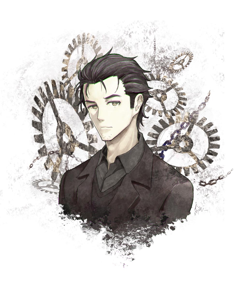 mosso1120, okabe rintarou, okabe rintarou (beta), science adventure, steins;gate, steins;gate 0, commentary request, highres, 1boy, black coat, black hair, black shirt, black sweater vest, coat, dress shirt, expressionless, lapels, looking at viewer, male focus, messy hair, notched lapels, shirt, short hair, solo, sweater vest, upper body, yellow eyes