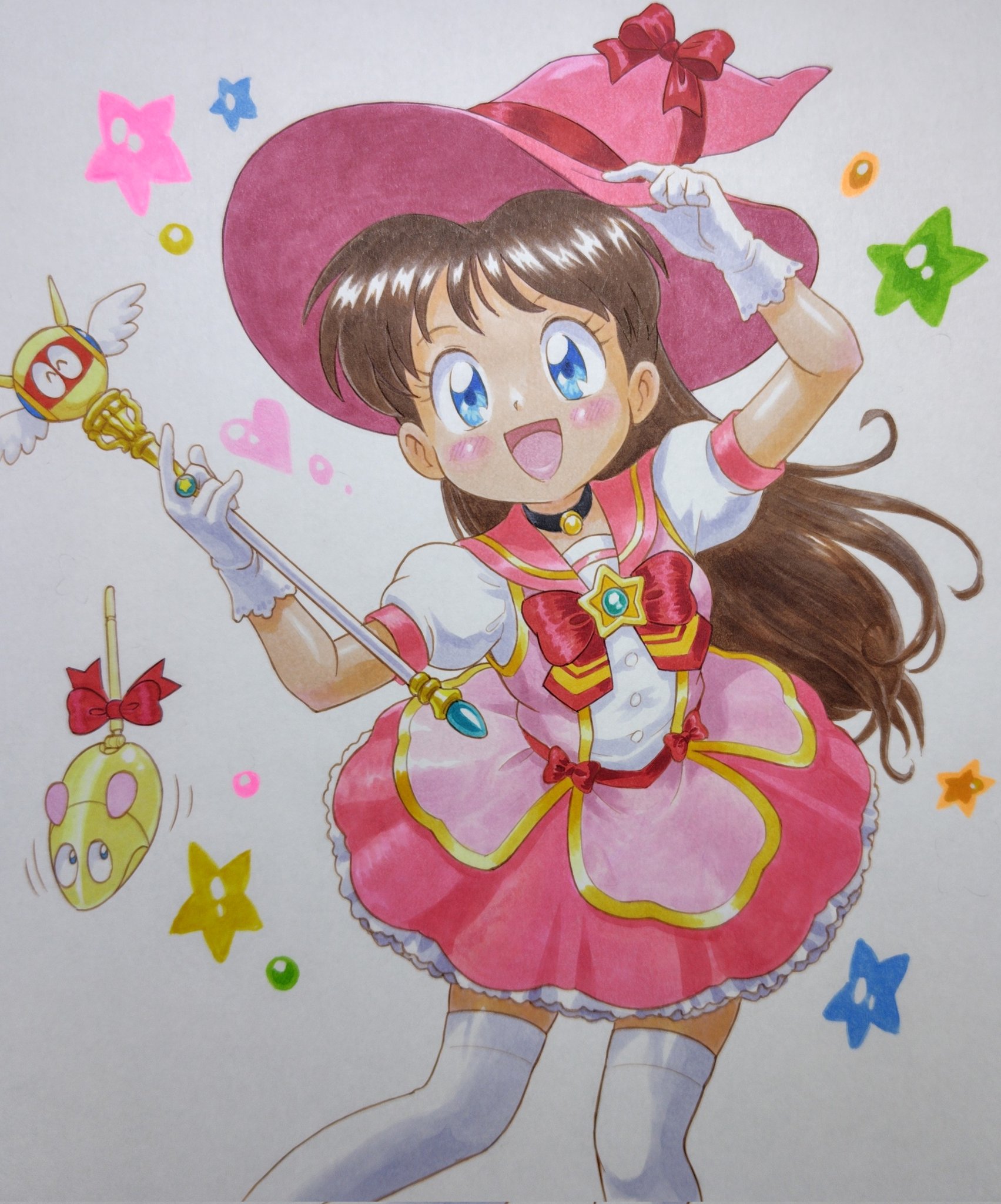 mizutani kenta, heike ibuki, warpro (genji tsuushin agedama), genji tsuushin agedama, commentary request, highres, traditional media, 1girl, :d, alternate costume, arm up, black choker, blue eyes, bow, bowtie, brooch, brown hair, choker, dress, feet out of frame, gloves, hand on headwear, hand up, hat, hat bow, holding, holding wand, jewelry, layered dress, long hair, magical girl, mouse (animal), non-humanoid robot, open mouth, pink dress, pink hat, pink sailor collar, puffy short sleeves, puffy sleeves, red bow, red bowtie, robot, robot animal, sailor collar, short sleeves, smile, solo, standing, star (symbol), tail, tail bow, tail ornament, thighhighs, wand, white gloves, white thighhighs, witch hat