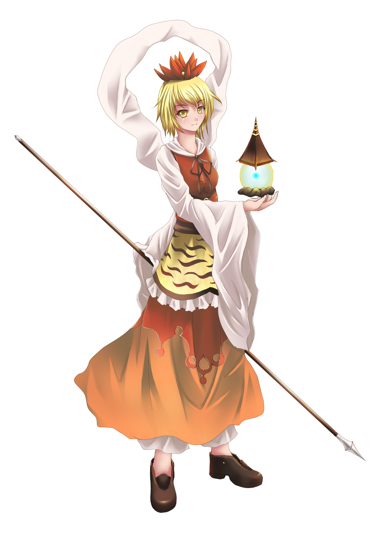 ac xsk, musyne xsk, toramaru shou, touhou, highres, 1girl, animal print, bishamonten's pagoda, blonde hair, female focus, hair ornament, multicolored hair, polearm, shawl, short hair, solo, spear, tiger print, weapon, yellow eyes