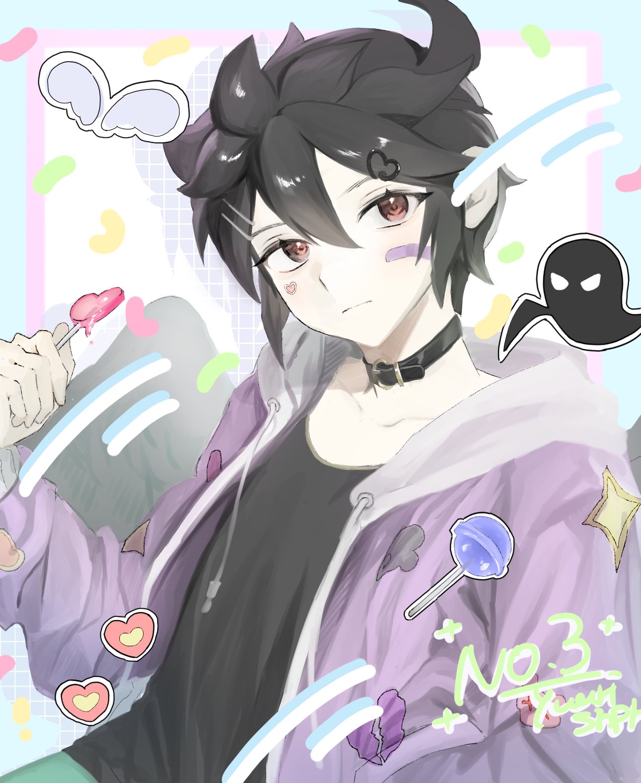 yuuri snpr, kid icarus, kid icarus uprising, nintendo, commentary request, highres, 1boy, alternate costume, belt collar, black choker, black hair, black shirt, broken heart, candy, casual, choker, closed mouth, collar, collarbone, contemporary, food, hair between eyes, heart, holding, holding candy, holding food, holding lollipop, jacket, lollipop, looking at viewer, male focus, pale skin, purple jacket, red eyes, shirt, short hair, sidelocks, solo, spiked hair