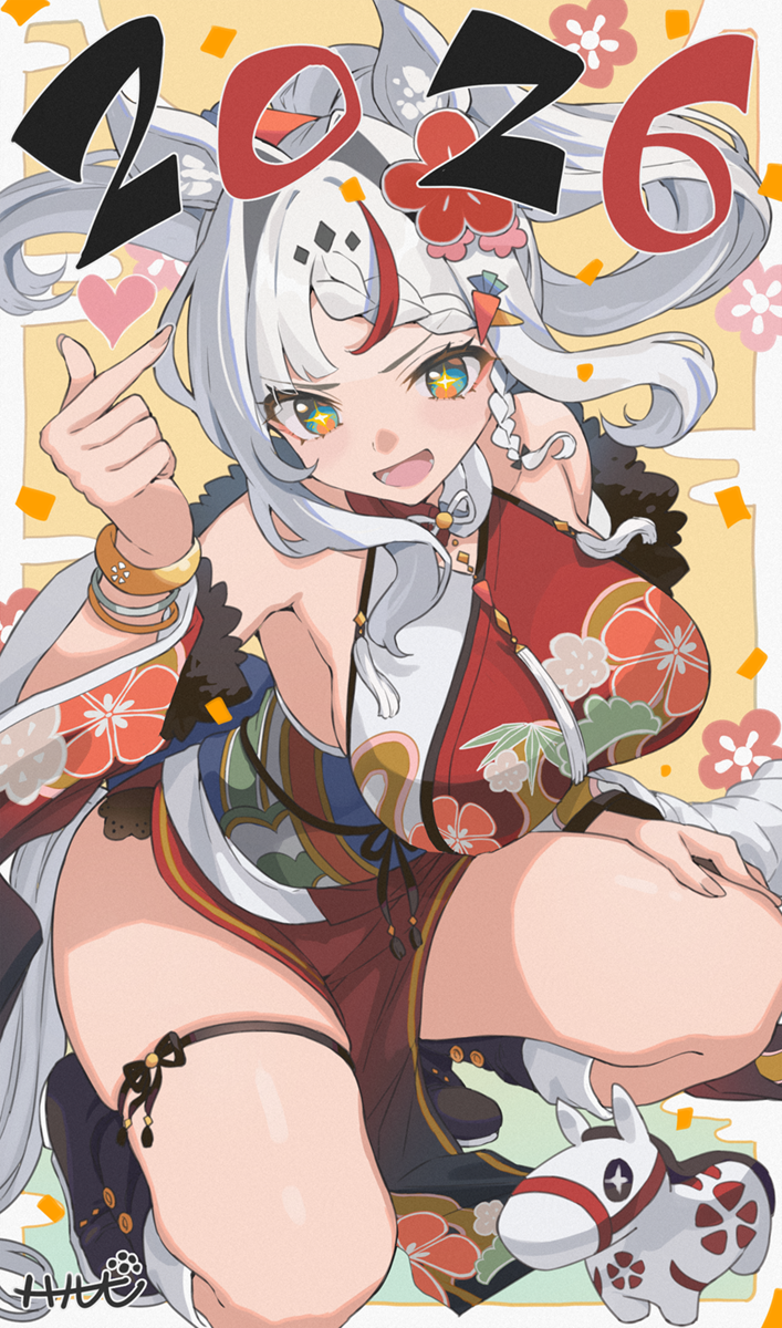 haruken, original, commentary request, highres, 2026, animal ears, bracelet, breasts, chinese zodiac, detached sleeves, finger heart, hand on own thigh, heart, horse ears, horse girl, japanese clothes, jewelry, kimono, kneeling, large breasts, long hair, looking at viewer, multicolored hair, new year, obi, open mouth, pelvic curtain, print kimono, red hair, red kimono, sash, sleeveless, sleeveless kimono, star-shaped pupils, star (symbol), streaked hair, symbol-shaped pupils, thigh strap, white hair, year of the horse