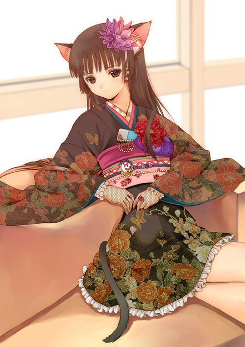 seiru (prairie), animal ears, cat ears, cat tail, flower, hair flower, hair ornament, japanese clothes, kimono, kimono skirt, solo, tail