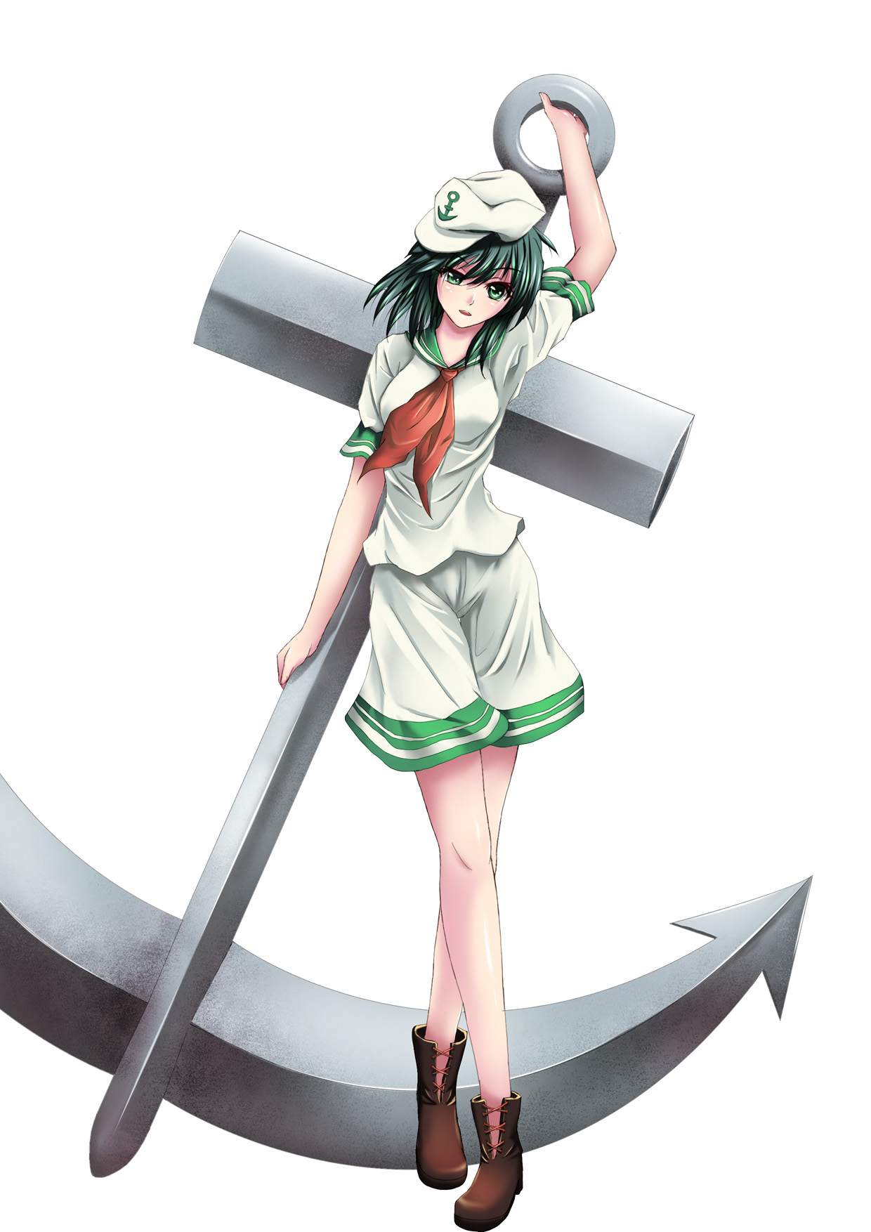 ac xsk, musyne xsk, murasa minamitsu, touhou, highres, 1girl, anchor, black hair, female focus, green eyes, green hair, hat, long legs, matching hair/eyes, no socks, sailor, sailor collar, sailor hat, short hair, solo