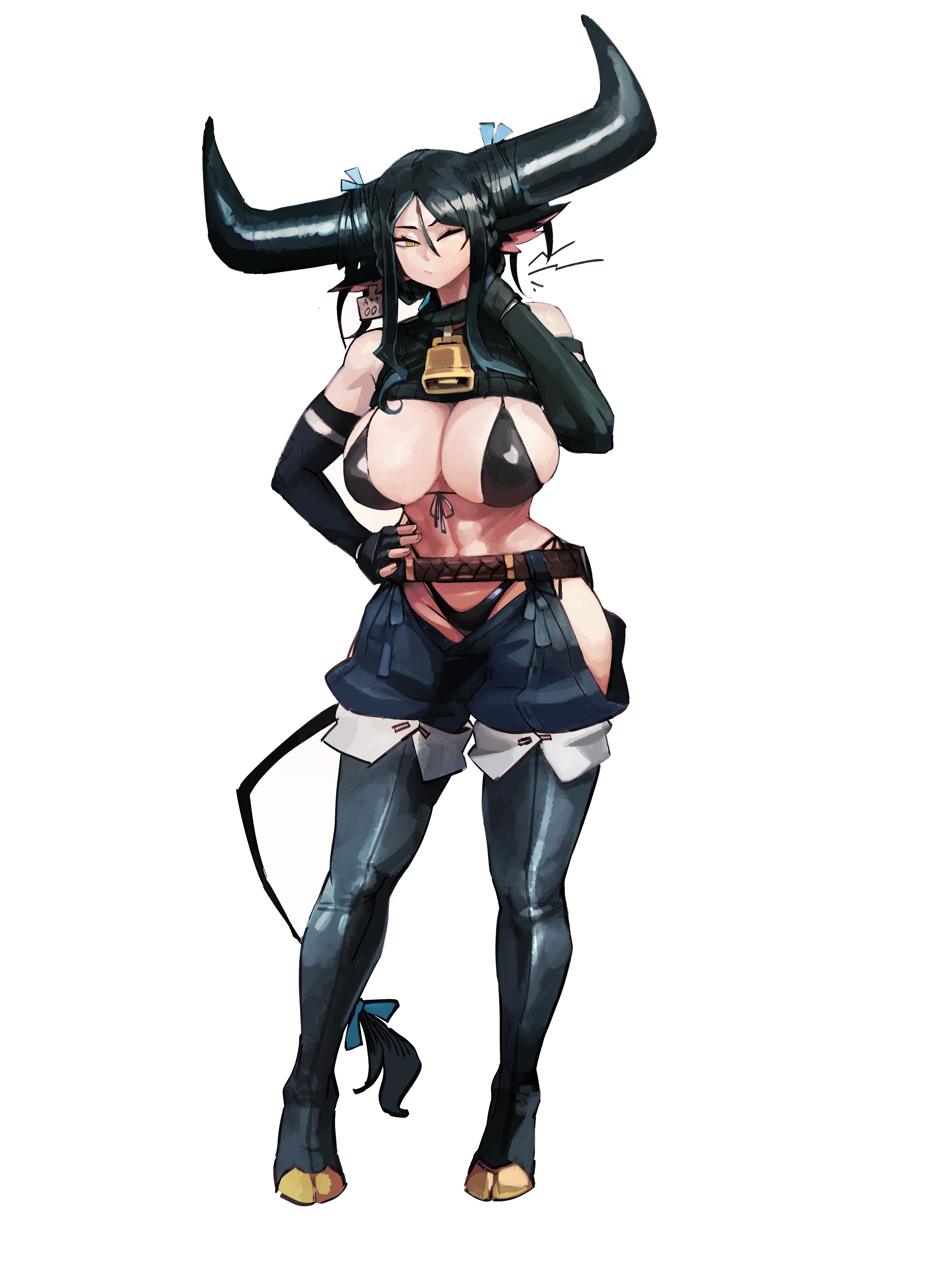 33dot, ox-chan (33dot), original, absurdres, highres, 1girl, animal ears, bare shoulders, bell, belt, bikini, black bikini, black gloves, black hair, boots, breasts, brown belt, cleavage, clothing cutout, collar, cow ears, cow girl, cow horns, cow tail, cowbell, ear tag, elbow gloves, fingerless gloves, frown, full body, gloves, hand on own hip, hand on own neck, hip vent, horns, large breasts, large horns, long sidelocks, looking at viewer, neck bell, one eye closed, pain, ribbed shrug, short hair, shorts, shrug (clothing), sidelocks, sleeveless shrug, solo, standing, swimsuit, tail, thigh boots, turtleneck shrug, wince, yellow eyes