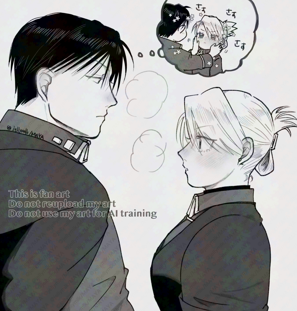 jellymlk, riza hawkeye, roy mustang, fullmetal alchemist, commentary request, 1boy, 1girl, black hair, black jacket, blonde hair, blush, breasts, earrings, greyscale, hair between eyes, hair ornament, hairclip, hands on another's cheeks, hands on another's face, heavy breathing, jacket, jewelry, looking at another, medium breasts, medium hair, military uniform, monochrome, parted lips, short hair, speech bubble, thought bubble, twitter username, updo, upper body