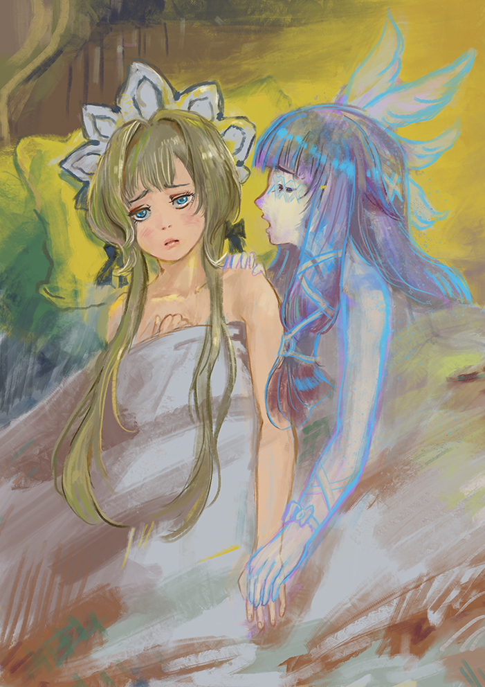 amibazh, columbina (genshin impact), sandrone (genshin impact), genshin impact, 2girls, blonde hair, blue eyes, blush, closed eyes, headdress, long hair, multiple girls, open mouth, pillow, under covers, yuri